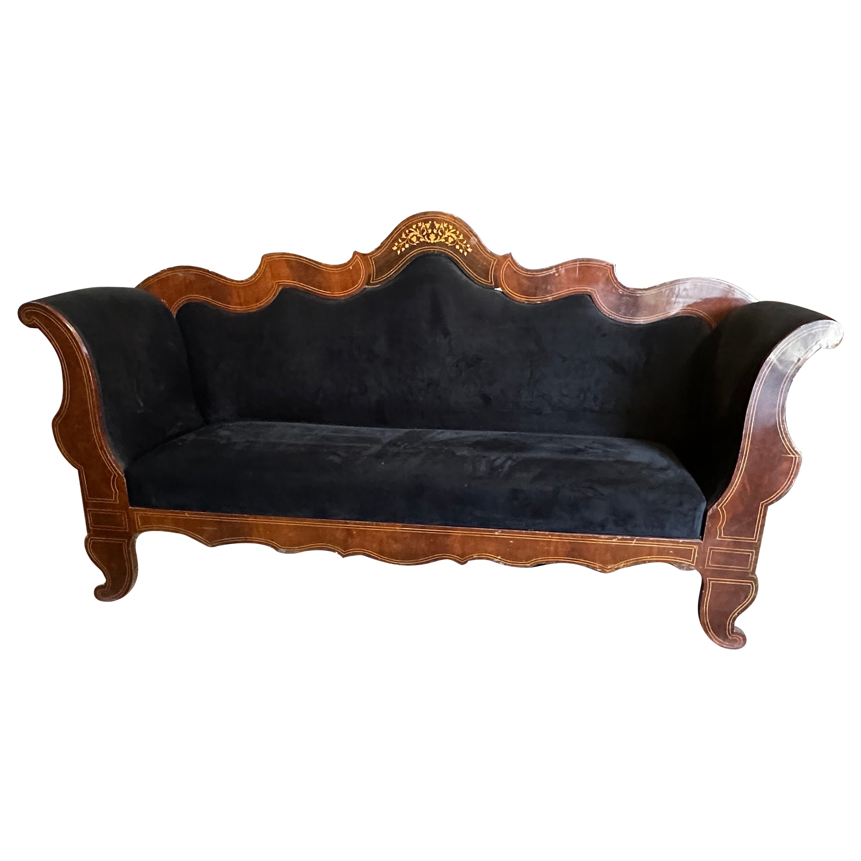 c. 1840 Charles X Inlaid Wood and Black Velvet Sicilian Sofa For Sale