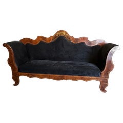 Antique c. 1840 Charles X Inlaid Wood and Black Velvet Sicilian Sofa