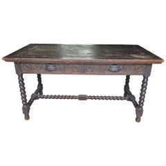 19th Century Distressed Spanish Carved Wood Dining Table or Writing Desk