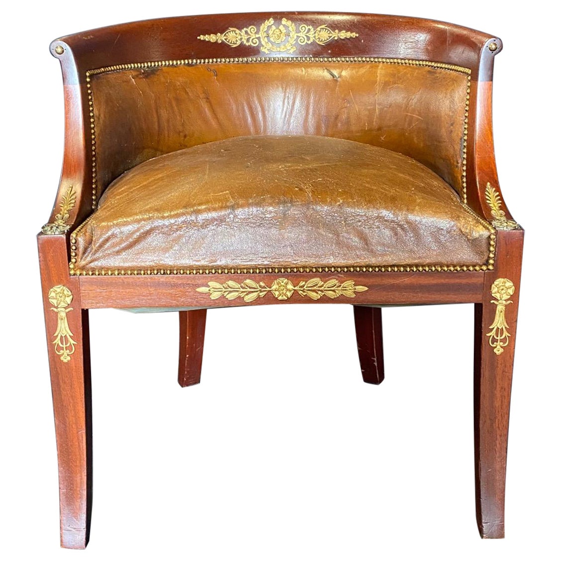 French Neoclassical Distressed Leather & Walnut Dressing Table or Desk Chair  For Sale