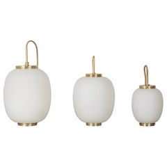Collection of 4 Opaline Glass and Brass Ceiling Fixtures for Lyfa, 1950s