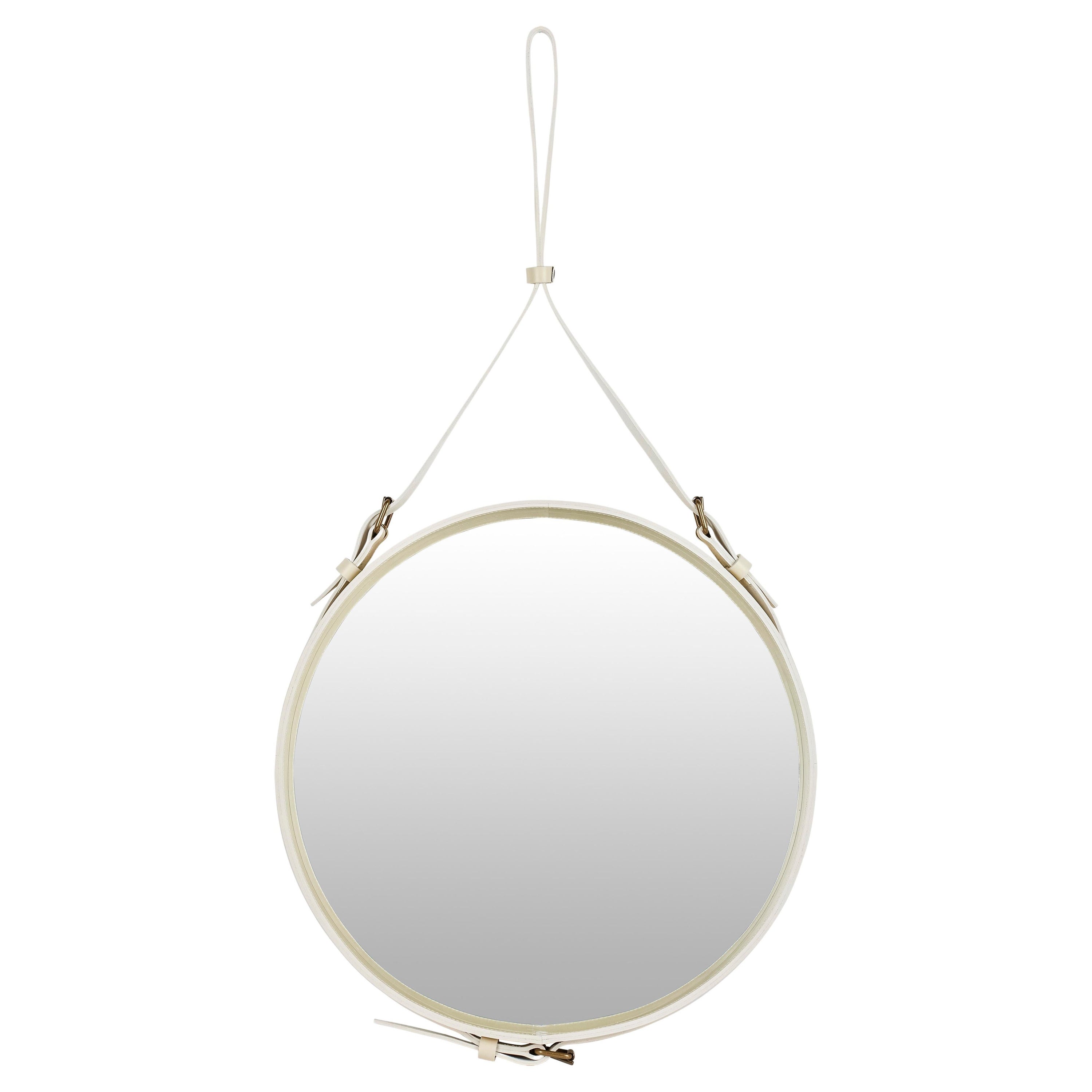 Jacques Adnet Medium Circulaire Mirror with Cream Leather For Sale