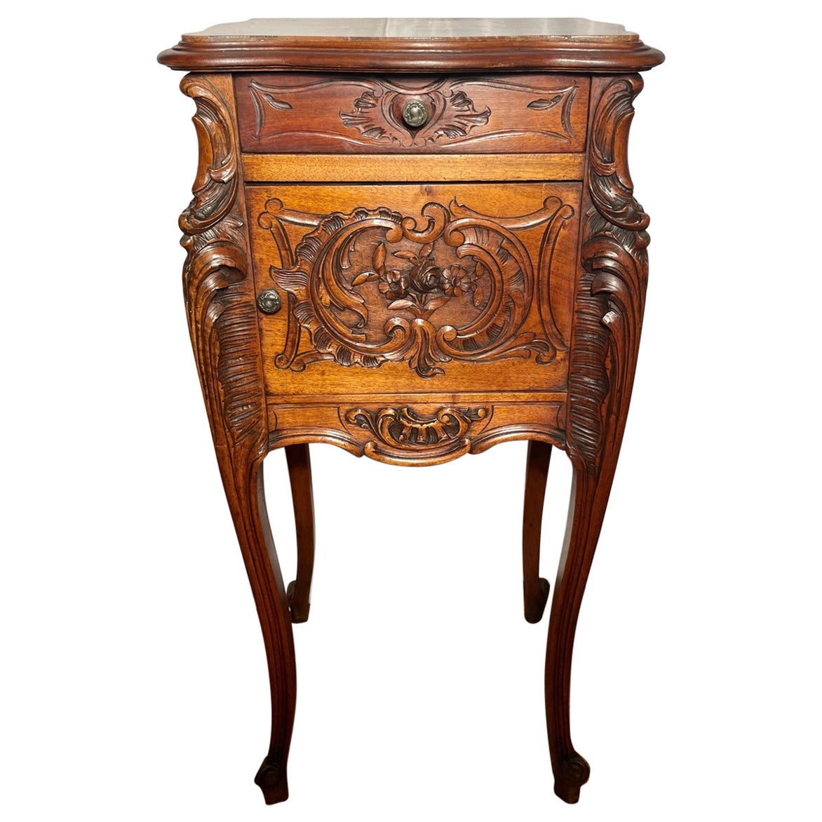 Antique French Walnut and Marble Top Night Table, Circa 1880. For Sale