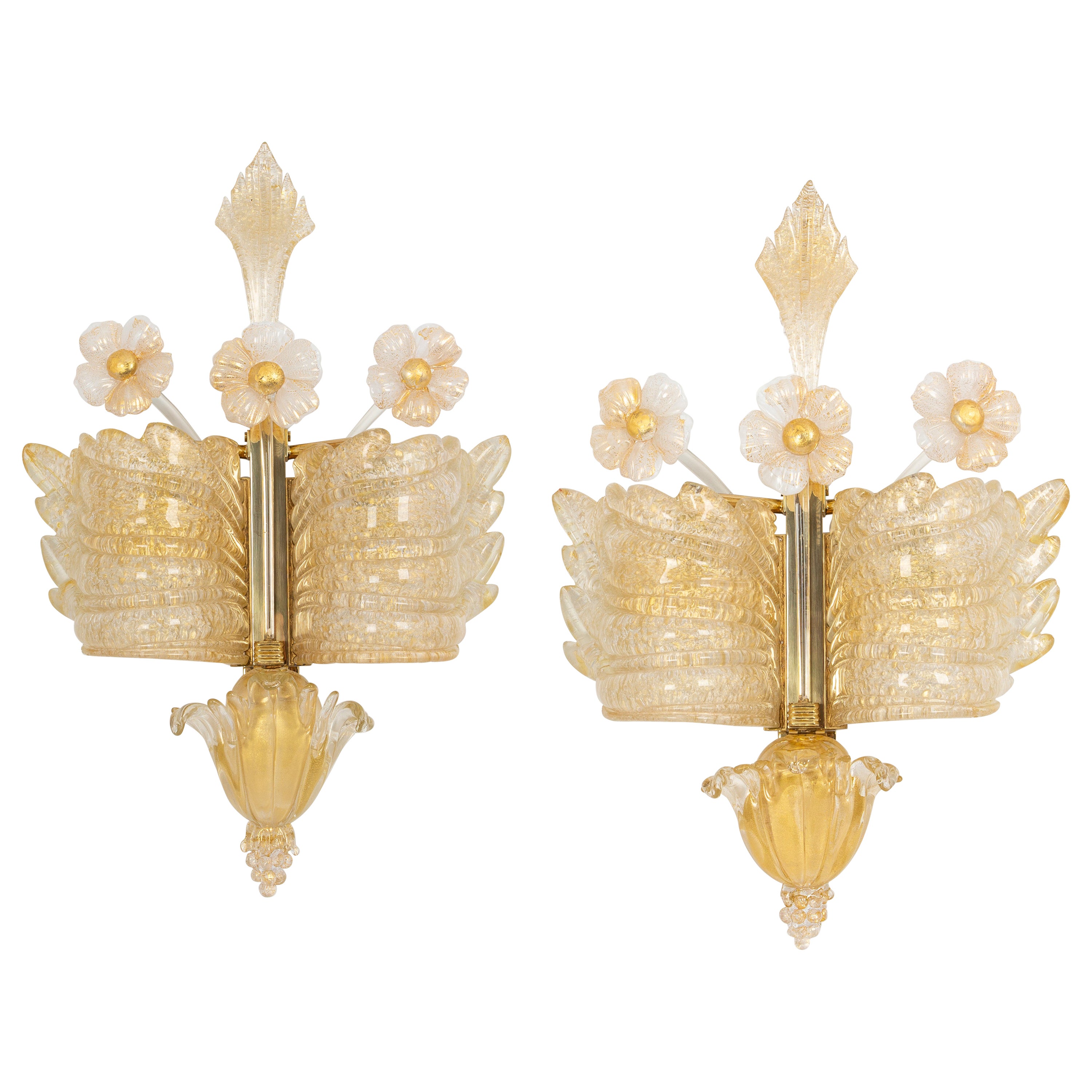 Pair of Large Murano Glass Wall Sconces by Barovier & Toso, Italy, 1970s For Sale