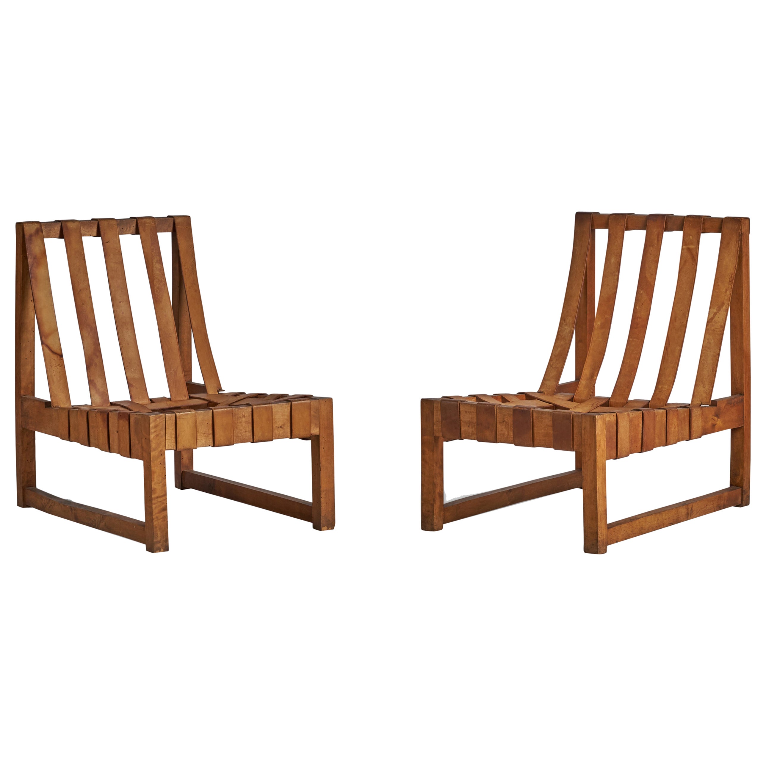 American Designer, Lounge Chairs, Oak, Leather, USA, 1950s For Sale