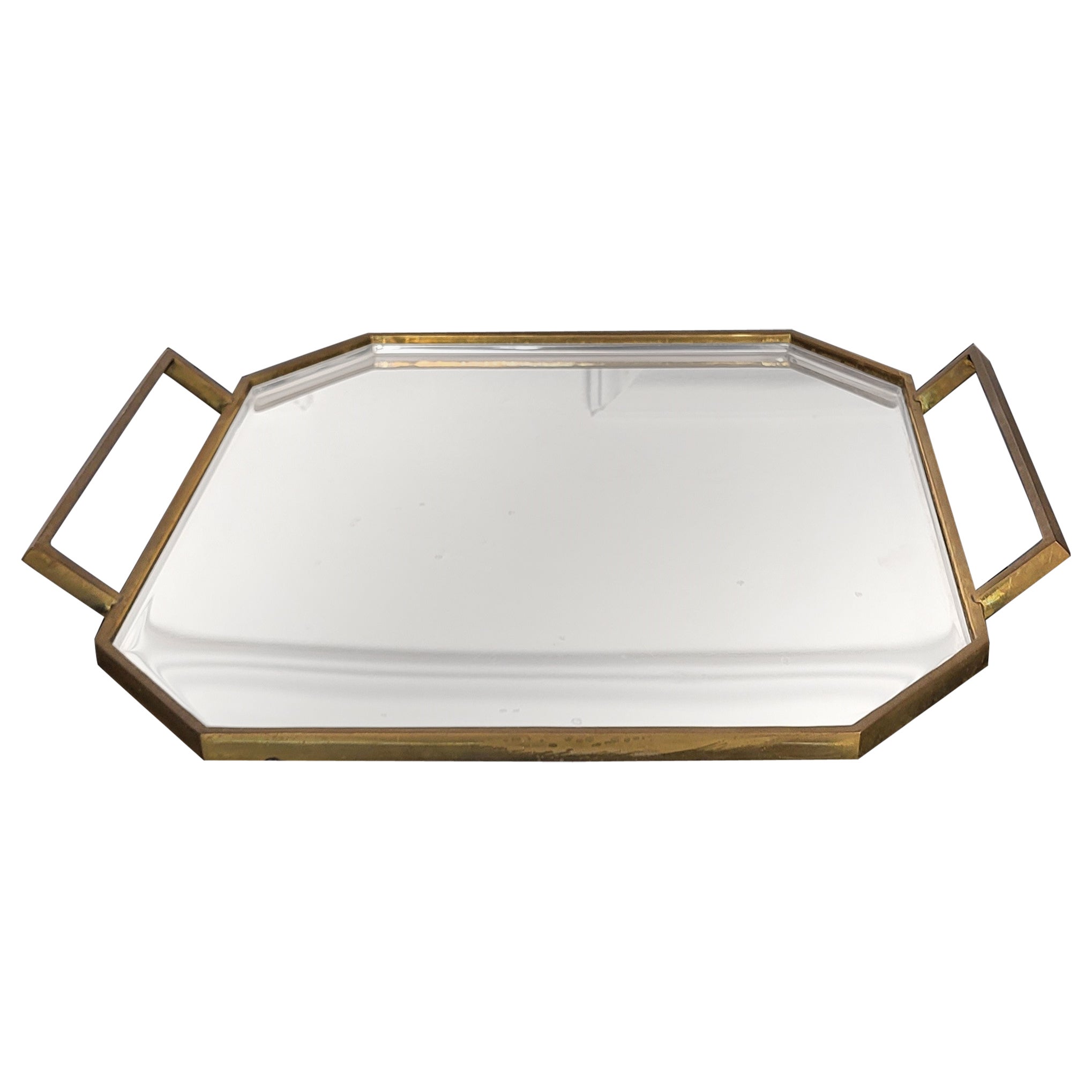 Hexagonal Brass & Steel Mirror Centerpiece Tray, Italy, 1970s For Sale