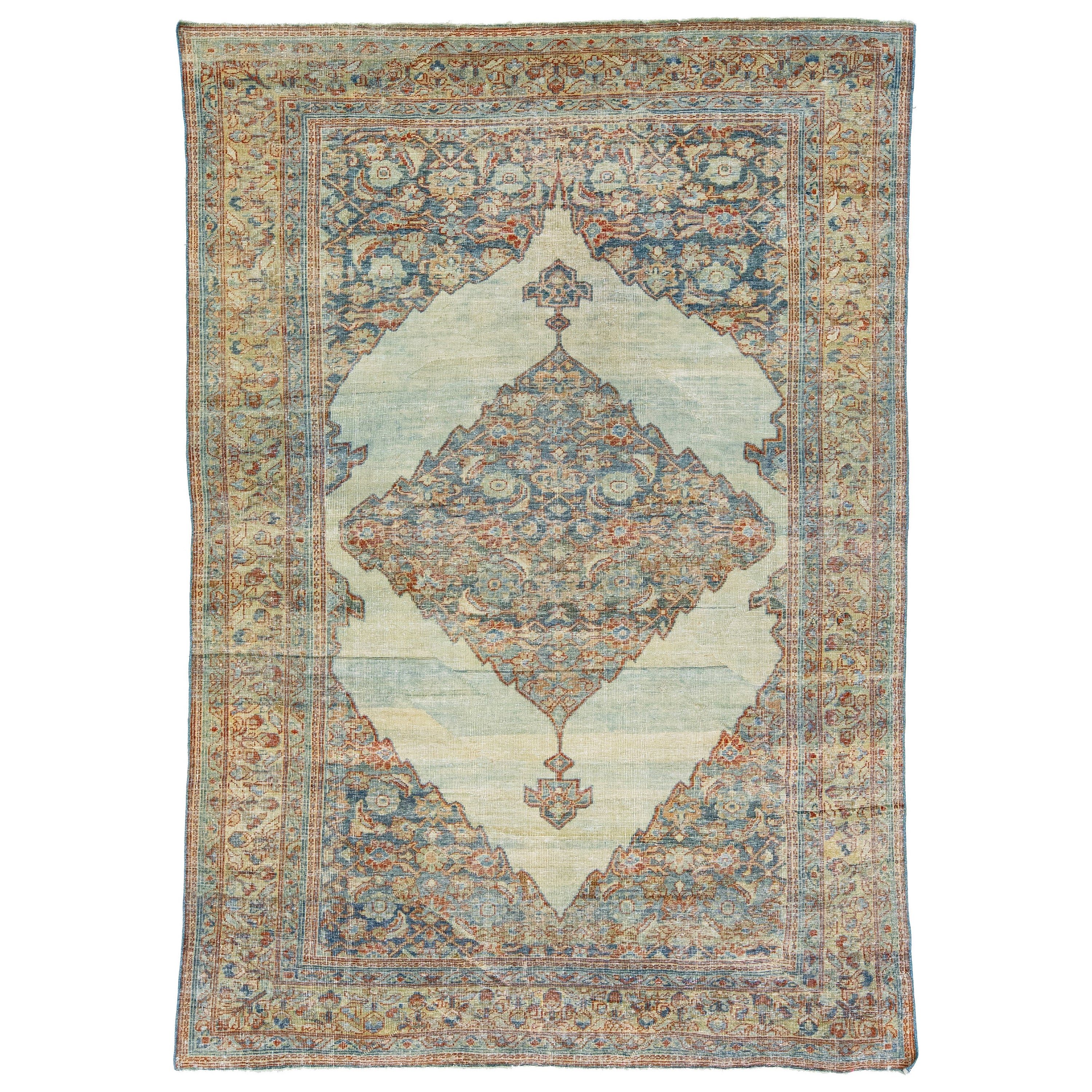 Blue Antique Mahal Handmade Wool Rug with Allover Pattern For Sale
