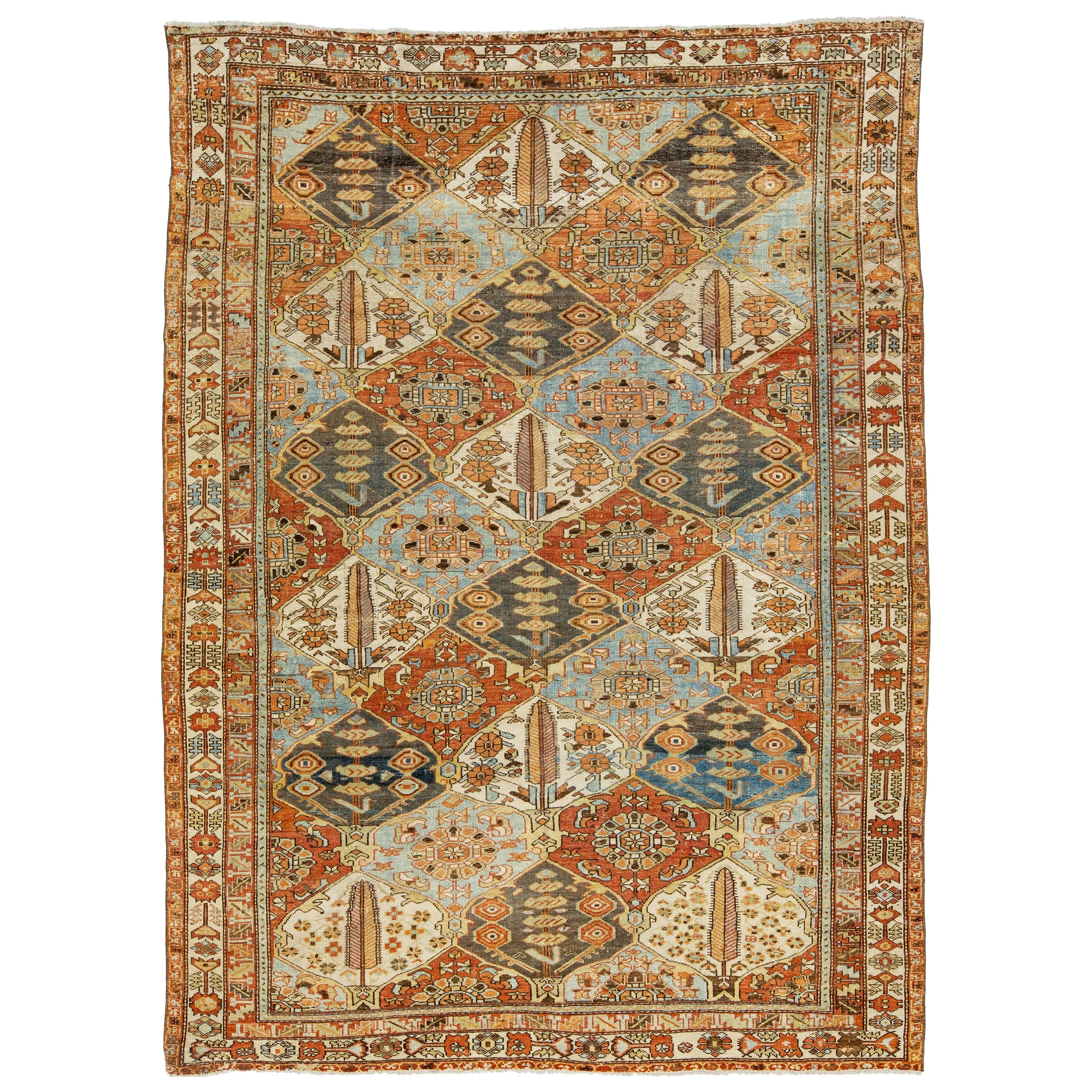 Antique Persian Bakhtiari Handmade Wool Rug With Allover Multicolor Design For Sale