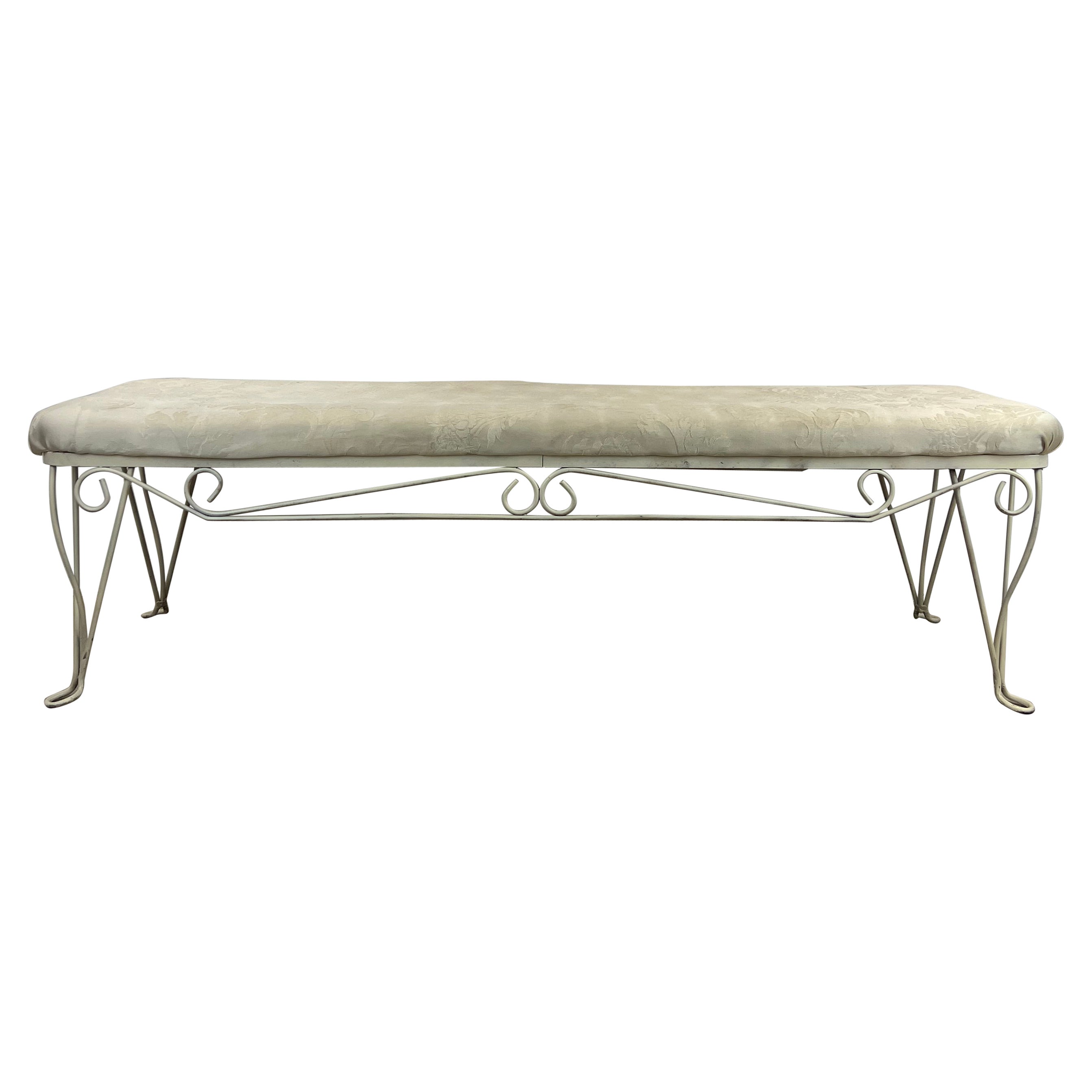 Hollywood Regency Style Upholstered Bench with Wrought Iron Frame For Sale