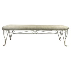 Vintage Hollywood Regency Style Upholstered Bench with Wrought Iron Frame