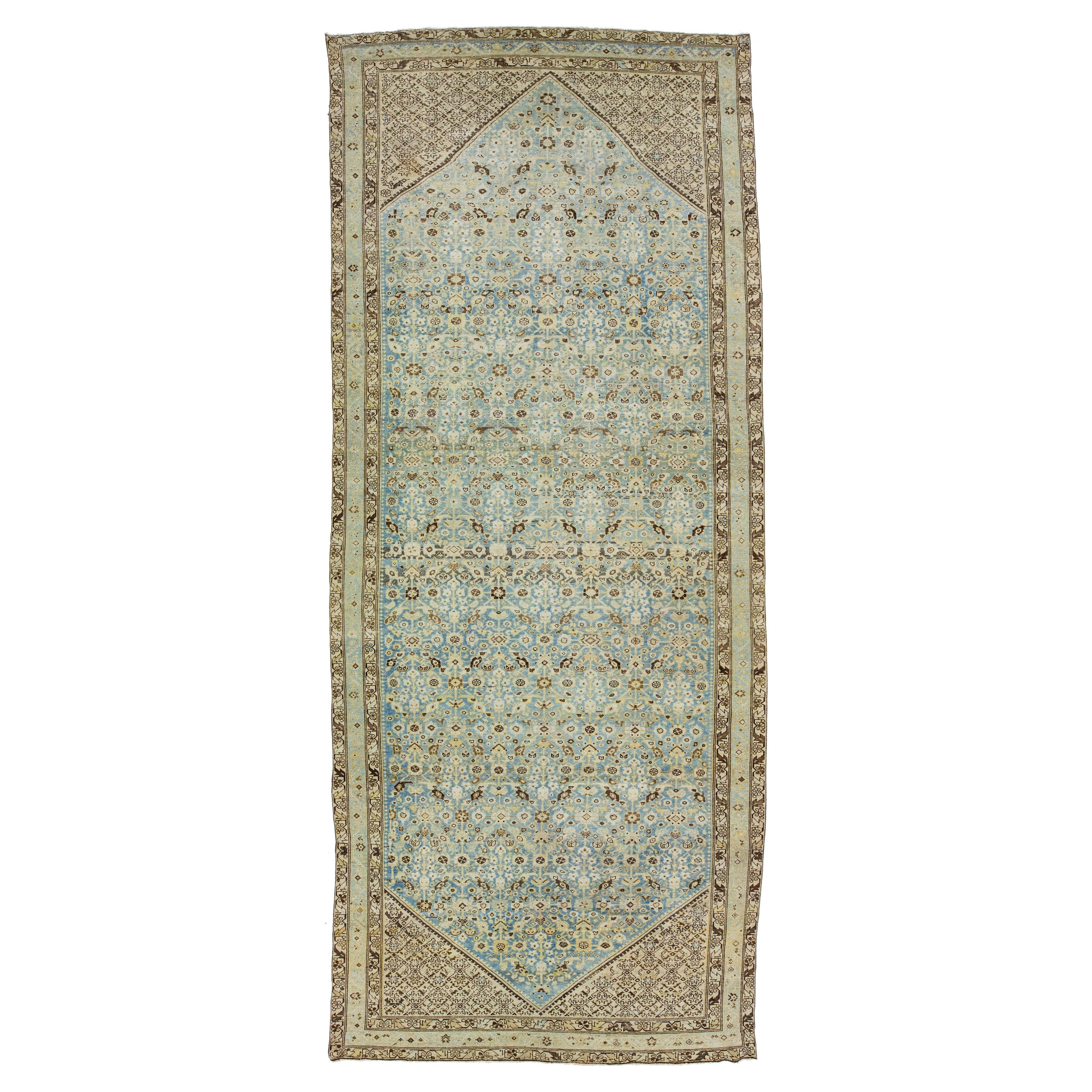Handmade Antique Persian Malayer Wool Rug In Blue With Allover Motif For Sale