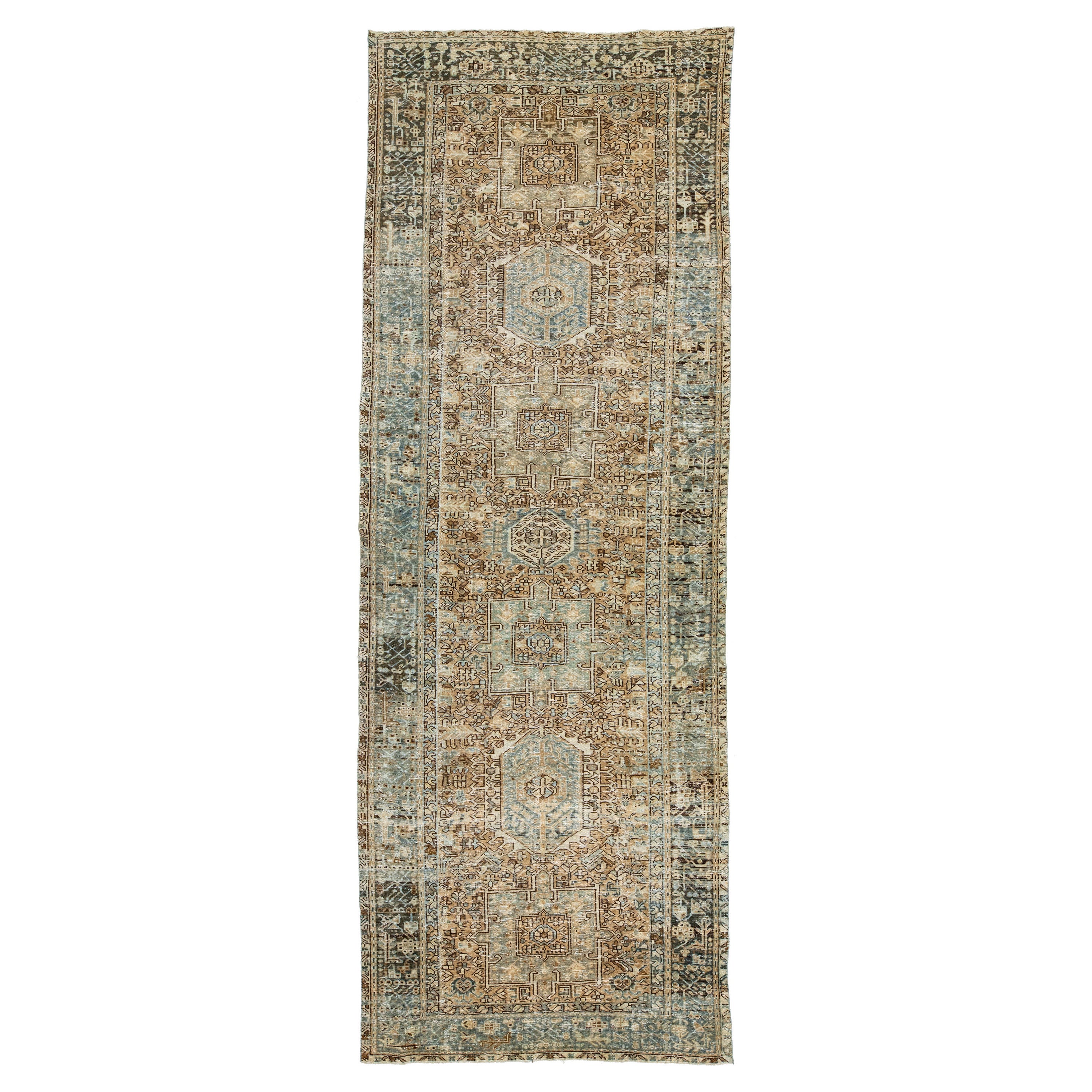 Floral Antique Heriz Handmade Wool Runner with Brown Field