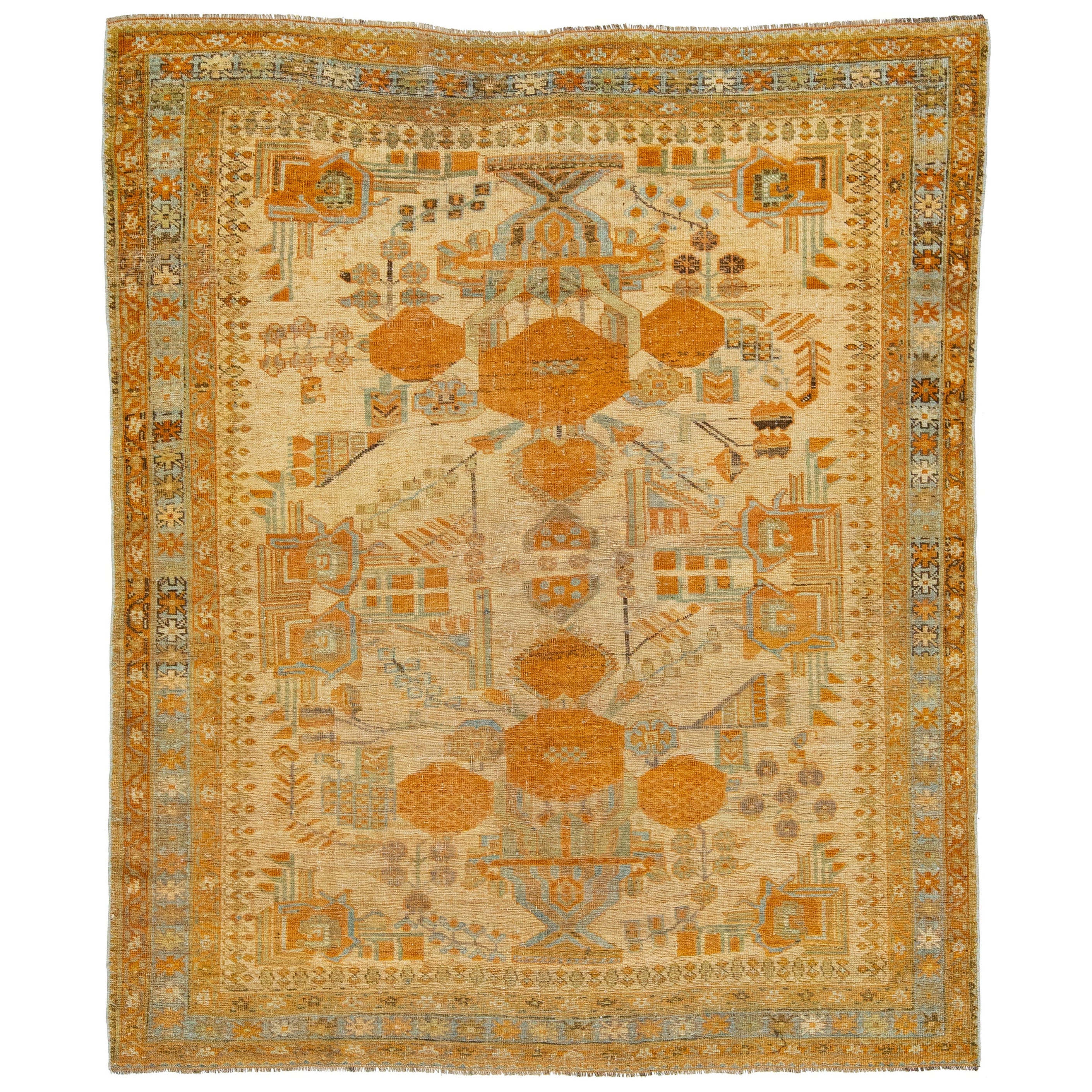 Antique Persian Afshar Handmade Tan & Orange Wool Rug with Allover Design For Sale