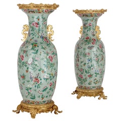 Large Pair of Canton Celadon Ground Porcelain and Ormolu Vases