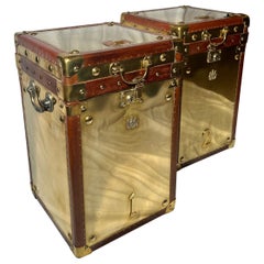 Pair Antique British Leather and Brass Military Trunks, Circa 1900.