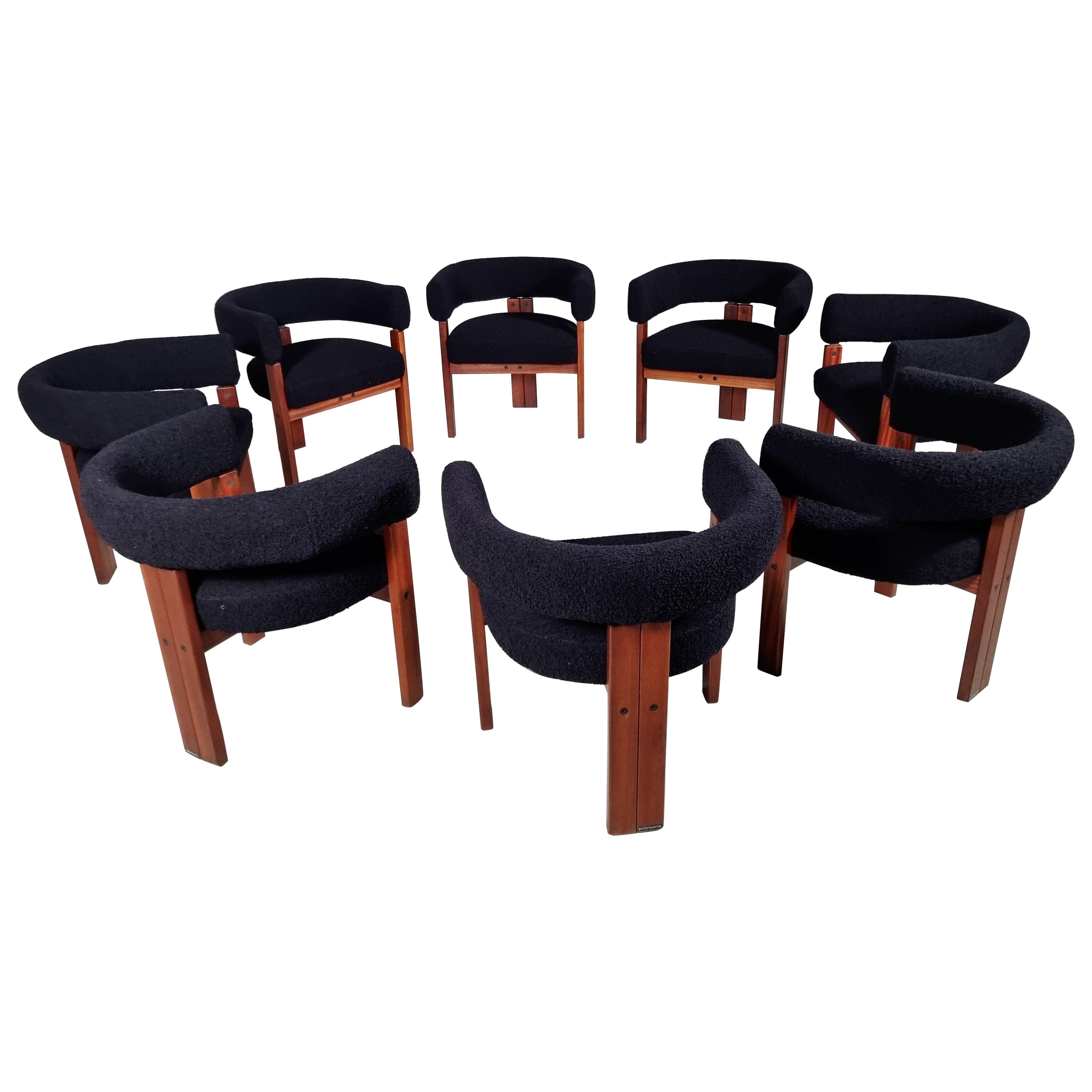 Set of 8 Chairs in teak and black boucle by Ettore Sottsass for Poltronova, 1960