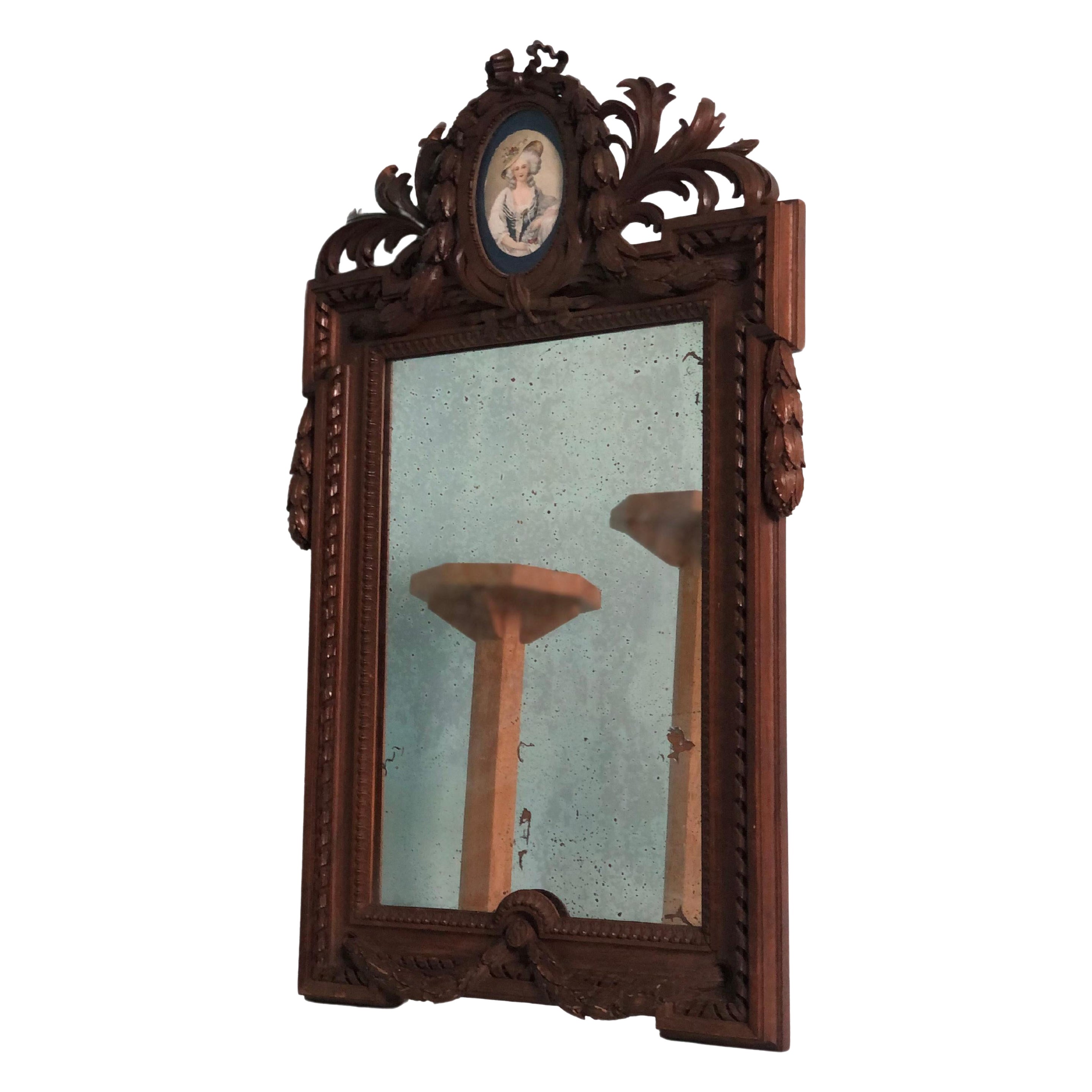 Richly Carved Mahogany Napoleon III Mirror Verre Eglomise Late 19th Century For Sale