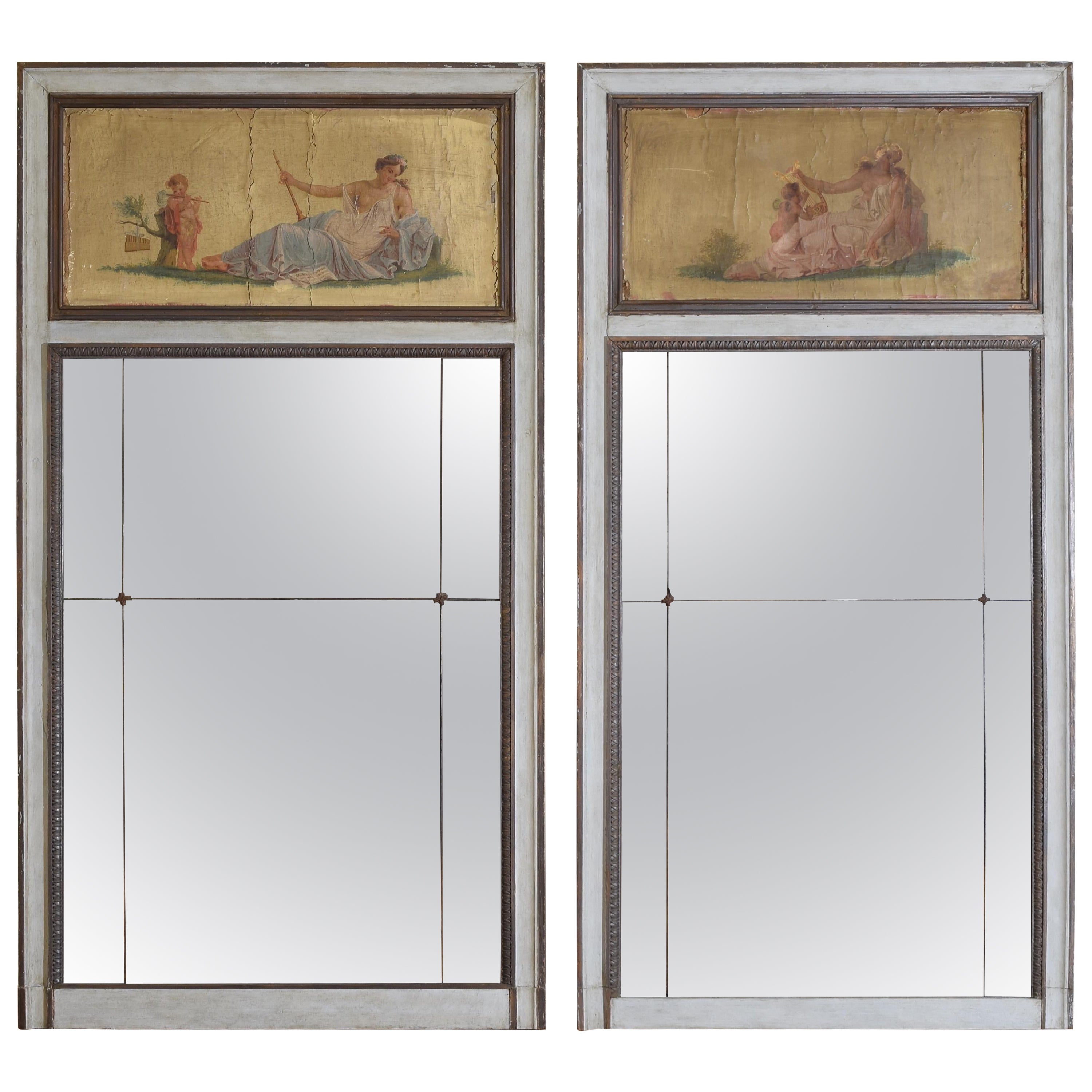 Paire de miroirs Trumeau peints de style néoclassique français, milieu du 19e siècle en vente