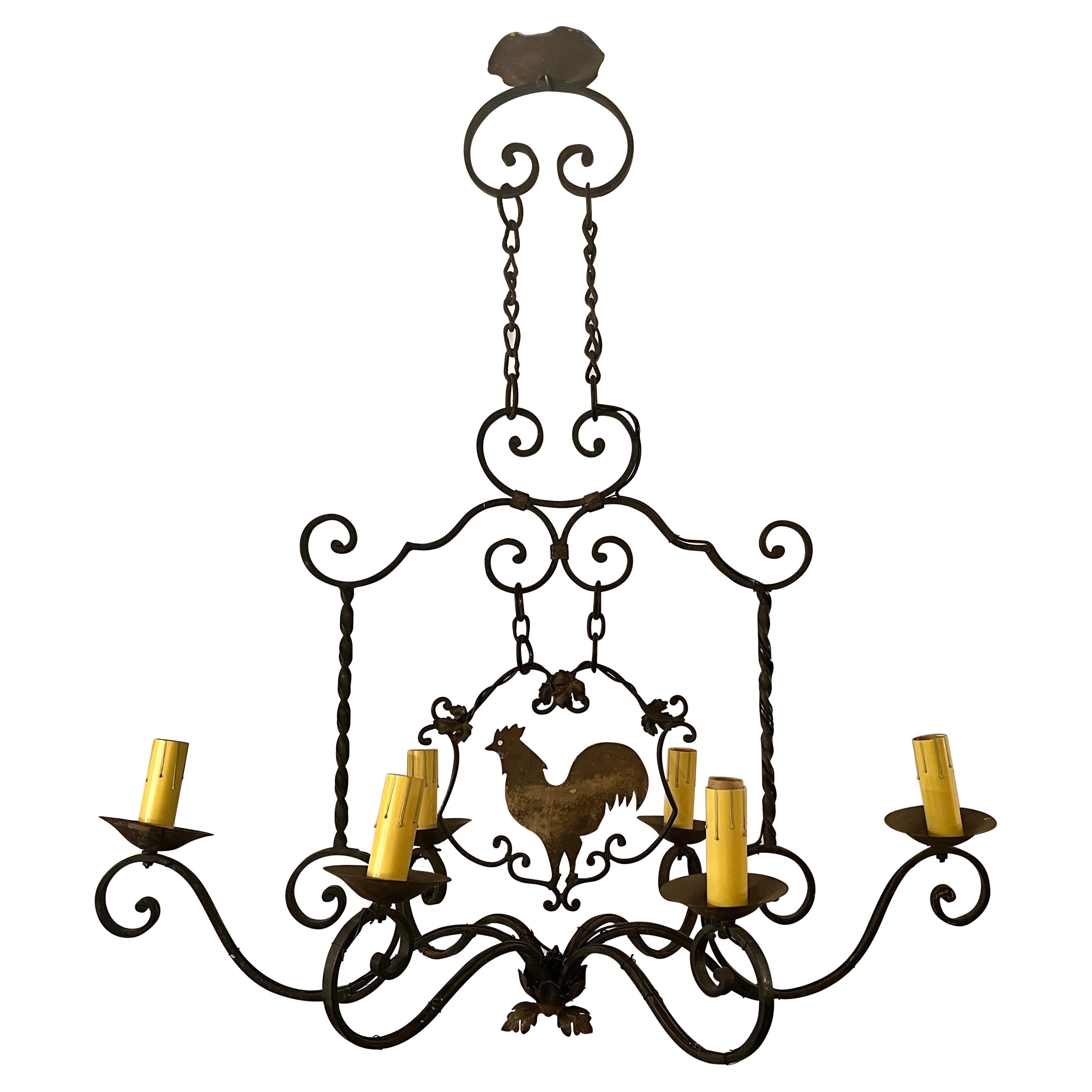 Antique French Wrought Iron "Rooster" Chandelier, Circa 1910-1920.