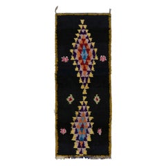Retro 1950s Azilal Moroccan runner rug in Black with Medallion Patterns by Rug & Kilim