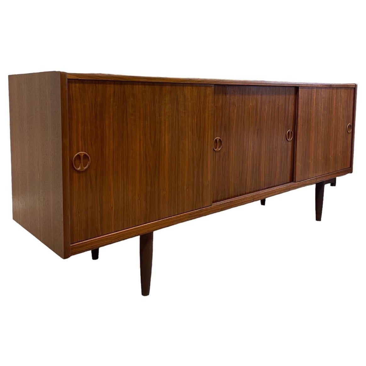 Vintage Danish Modern Credenza With Wood Handles. For Sale