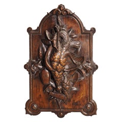 Antique French Hunt Trophy Plaque in Carved Walnut, Late 1800s