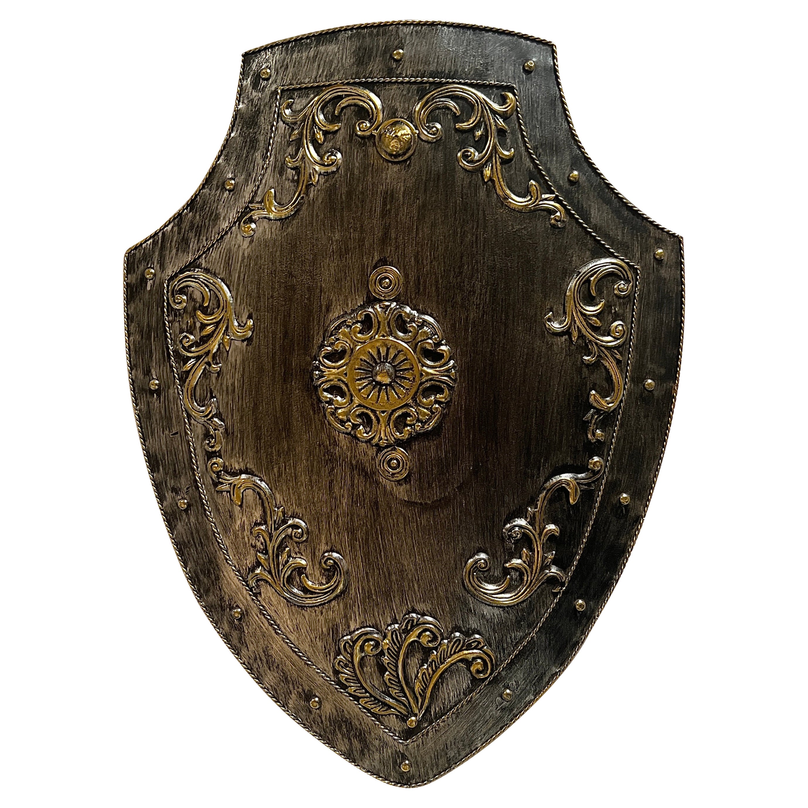 Handsome High Relief Brass Repousse and Tole Shield.  For Sale