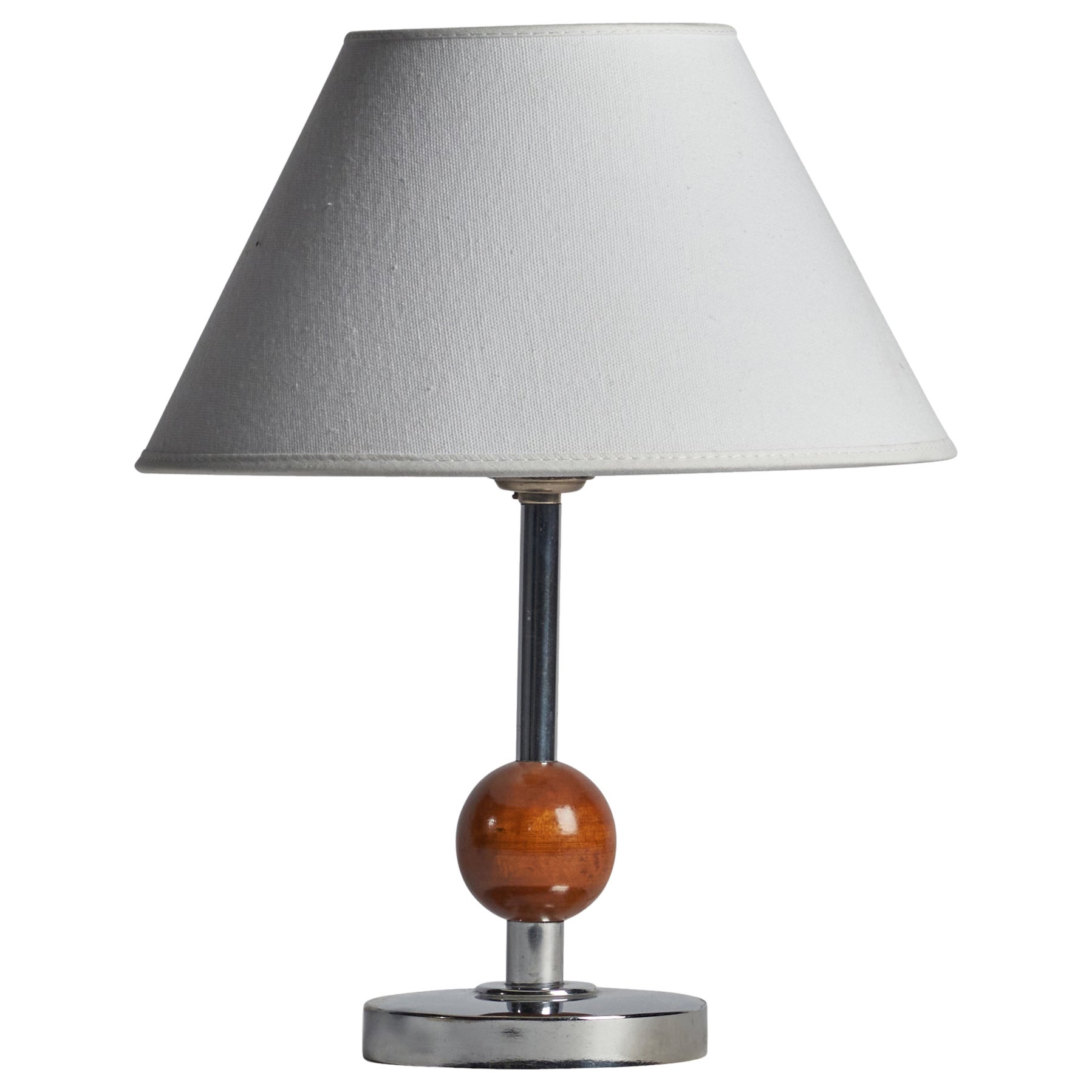 Swedish Designer, Table Lamp, Chrome Metal, Birch, Sweden, 1930s For Sale