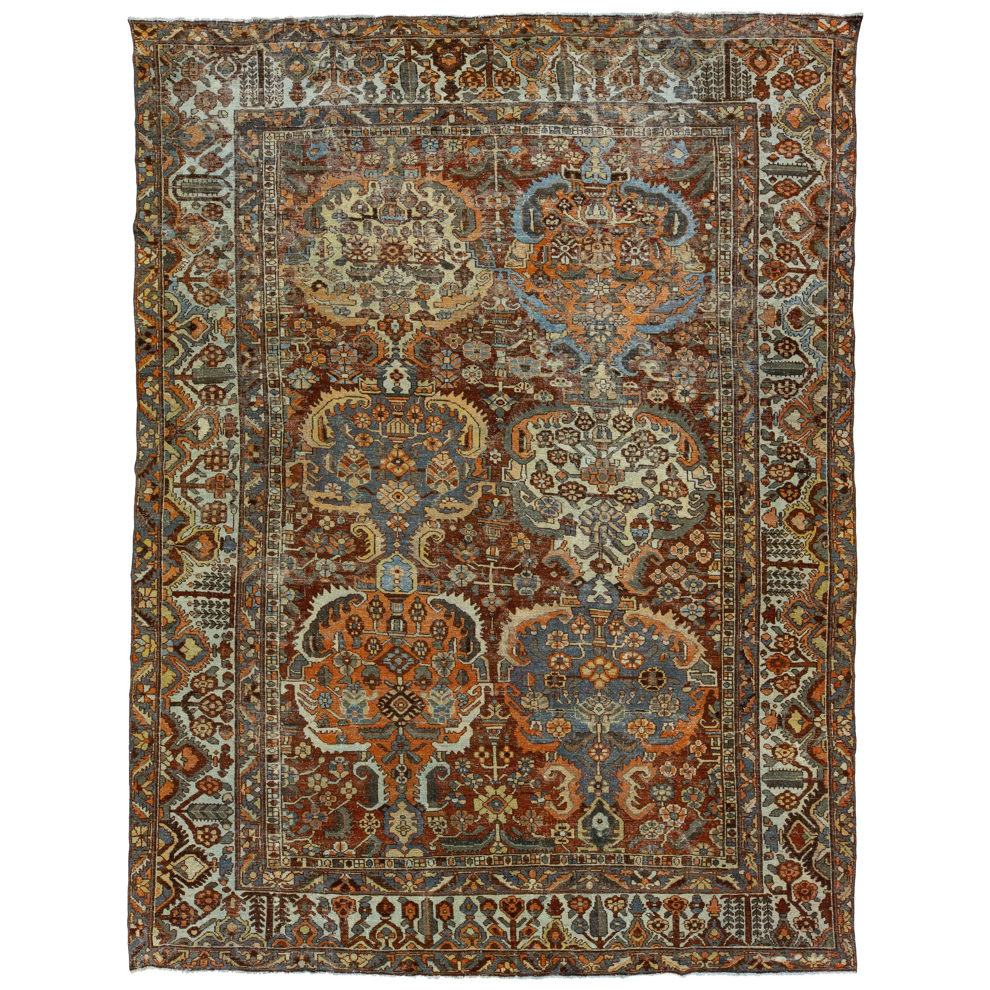 Antique Room Size Persian Bakhtiari Wool Rug Handmade In Red-Rust Color 