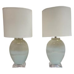 Pair Of Light Blue Frosted Glass Table Lamps 