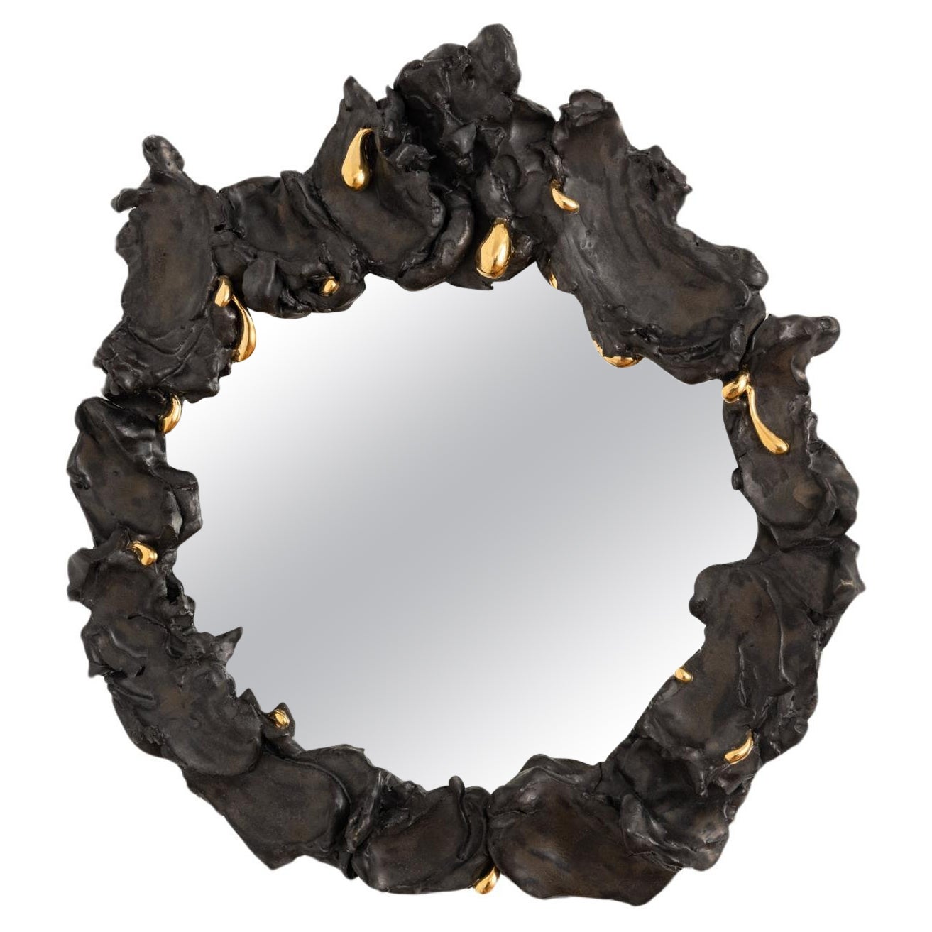 Sculptural Ceramic Wall Mirror in Glazed Stoneware and Gold Luster 