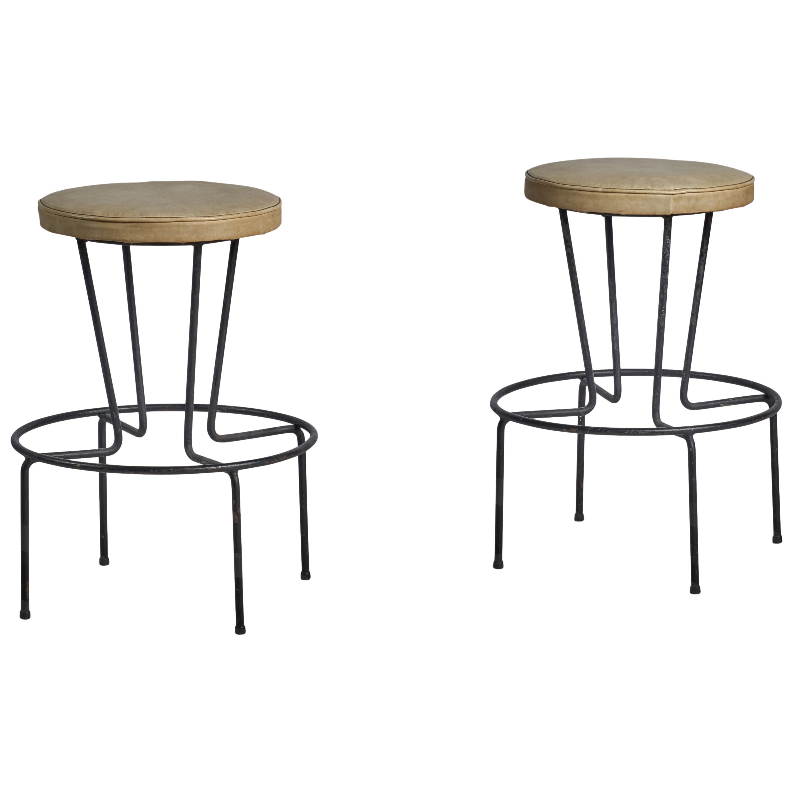 American Designer, Bar Stools, Metal, Leather, USA, 1950s