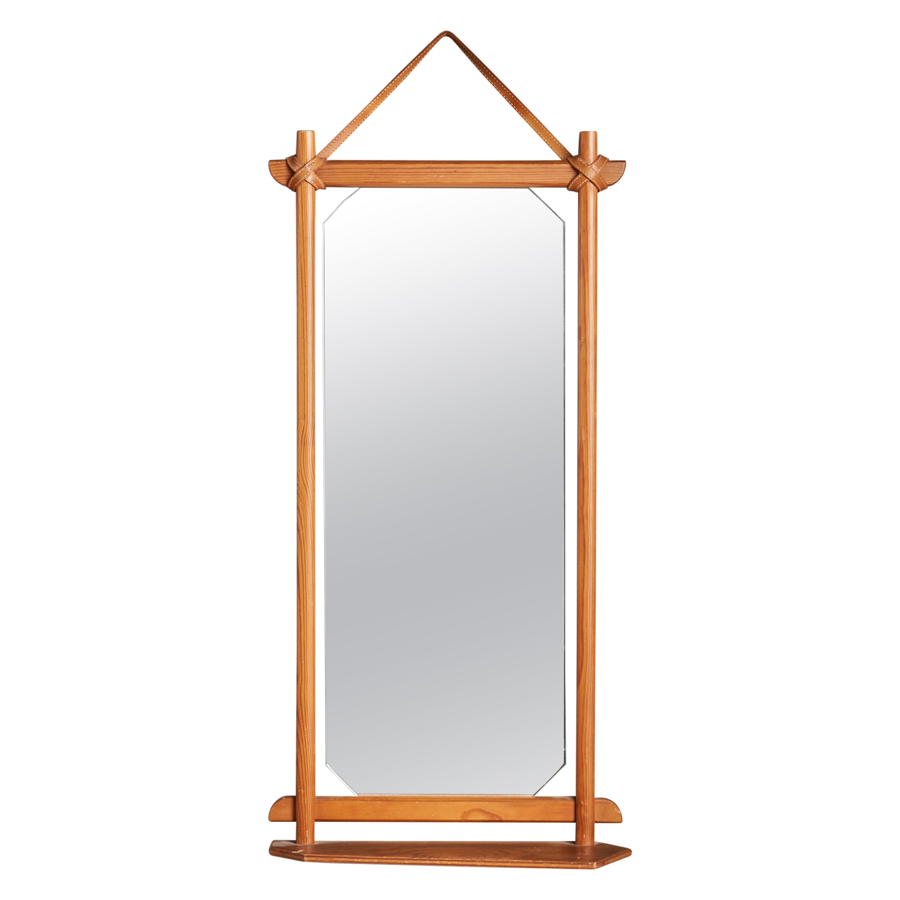 Swedish Designer, Mirror, Pine, Leather, Sweden, 1960s For Sale