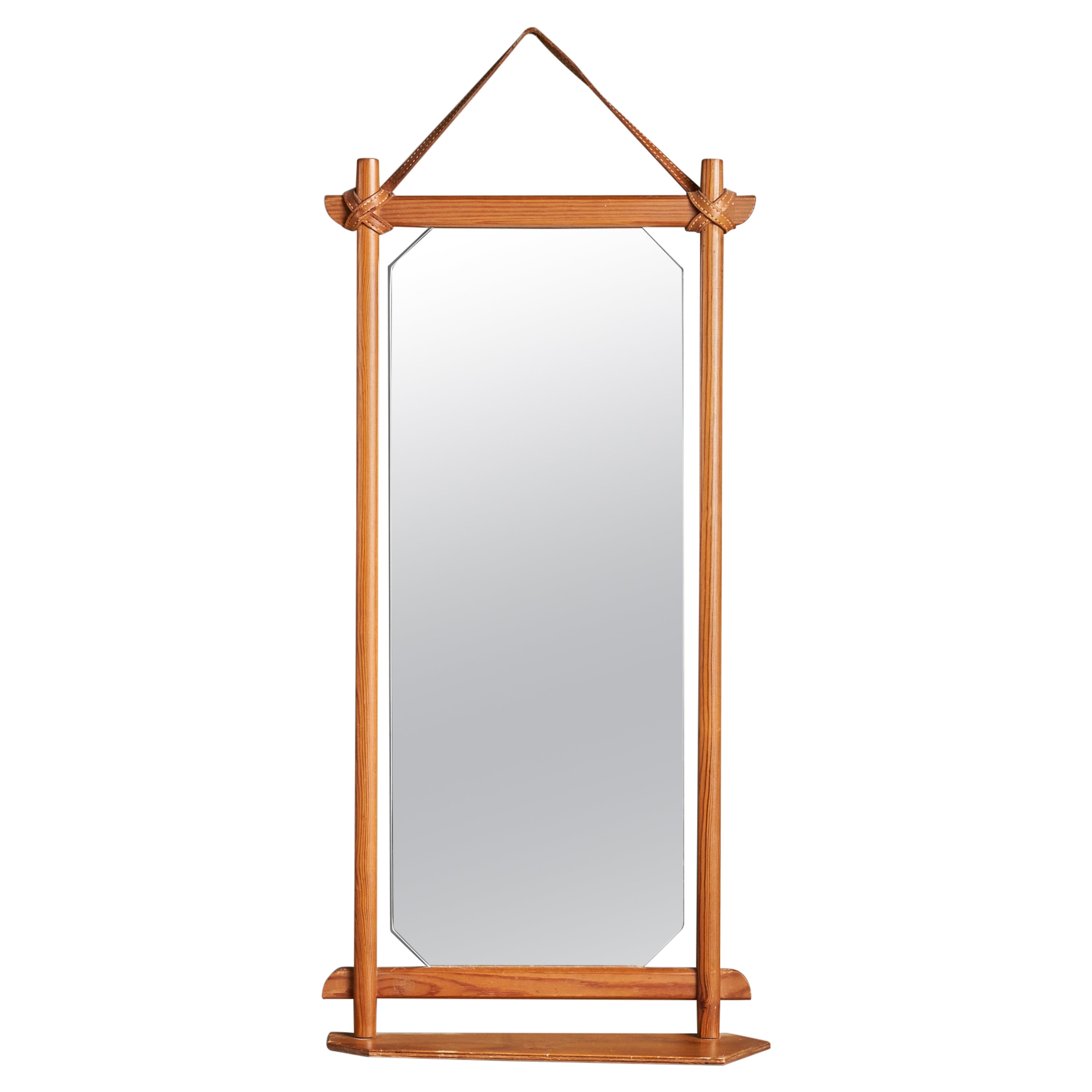Swedish Designer, Wall Mirror, Pine, Leather, Sweden, 1960s For Sale