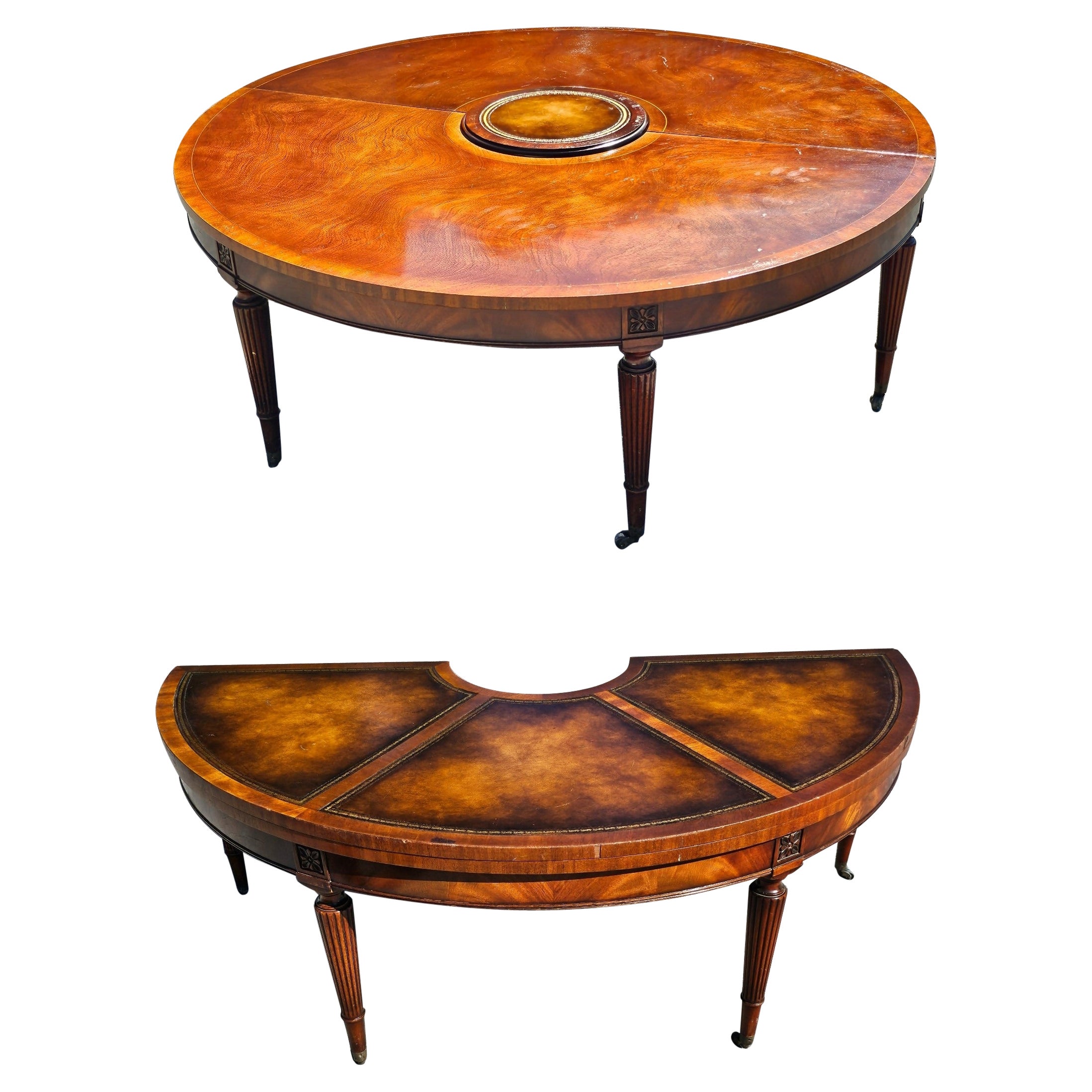 1940s Weiman Regency Tooled Leather Mahogany Convertible Demilune Cocktail Table For Sale