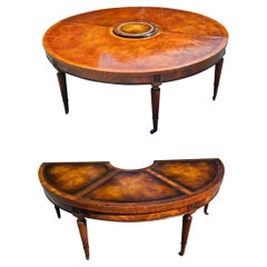 1940s Weiman Regency Tooled Leather Mahogany Convertible Demilune Cocktail Table