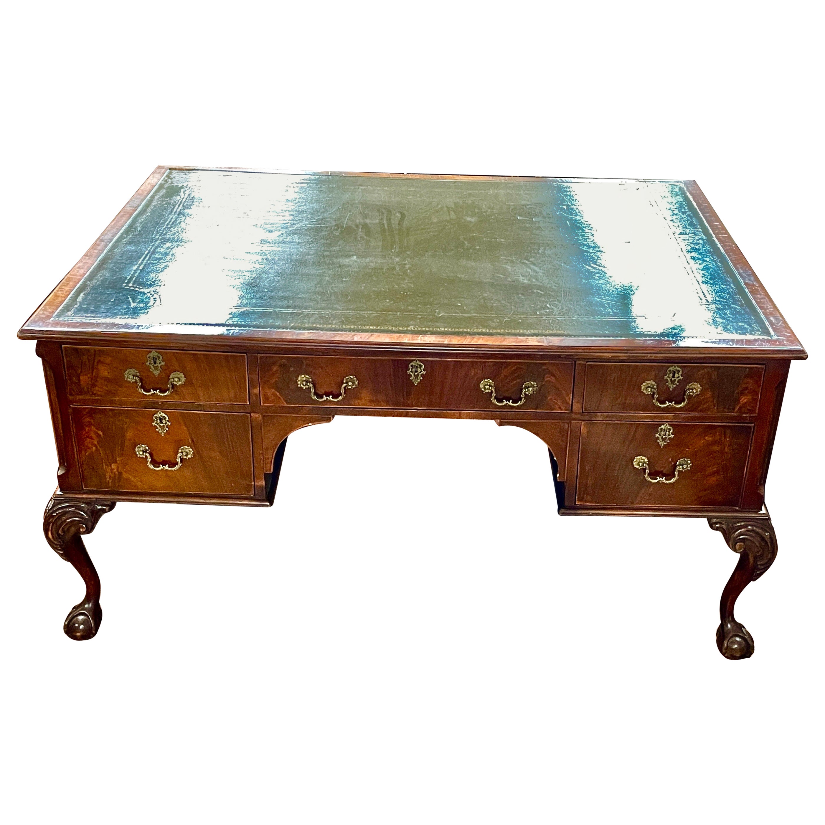 Fabulous Antique English Flame Mahog. Chippendale Style Large Desk w/leather For Sale
