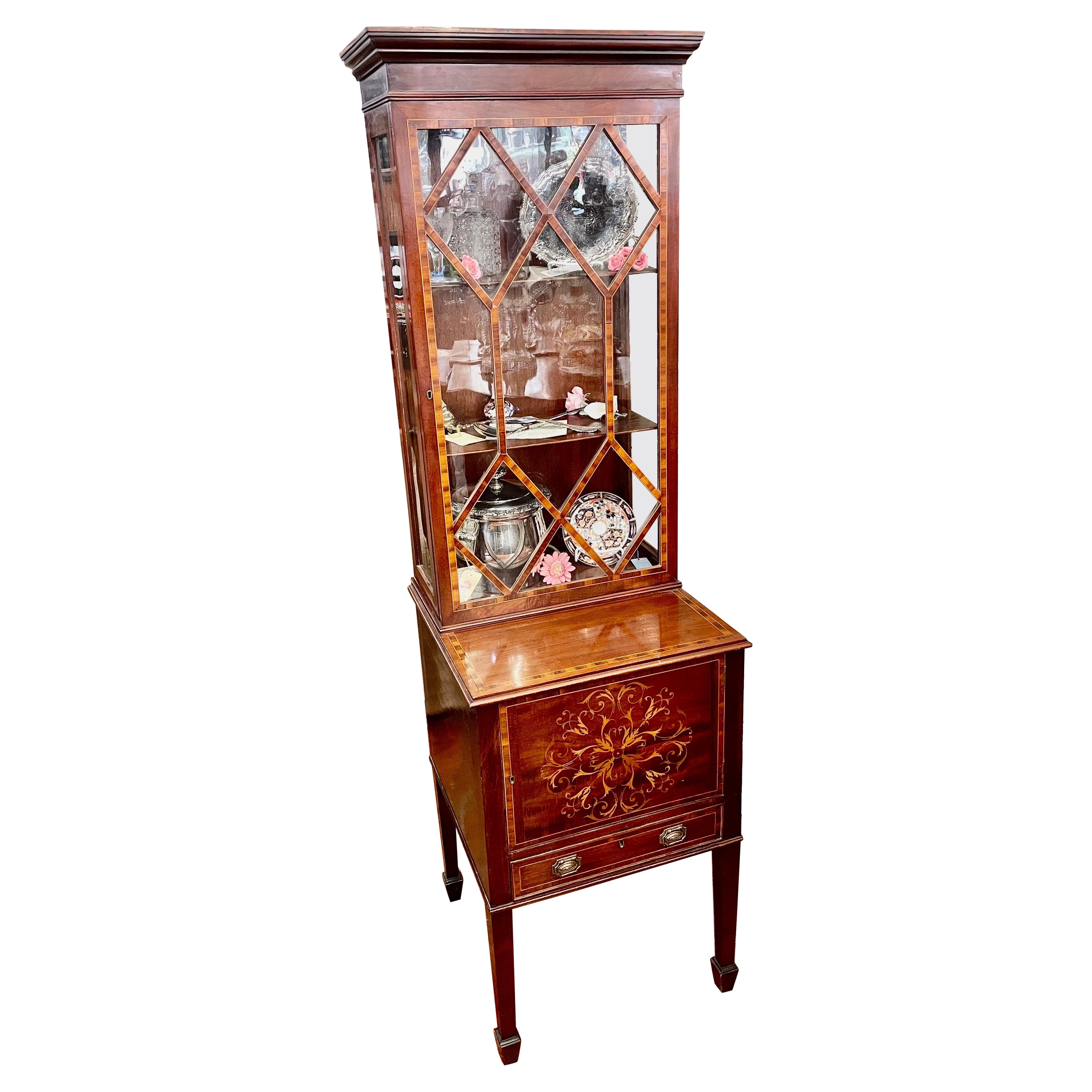 Fab. Antique English Marquetry Inlaid Mahog. Hepp. Style Small Display Cabinet For Sale