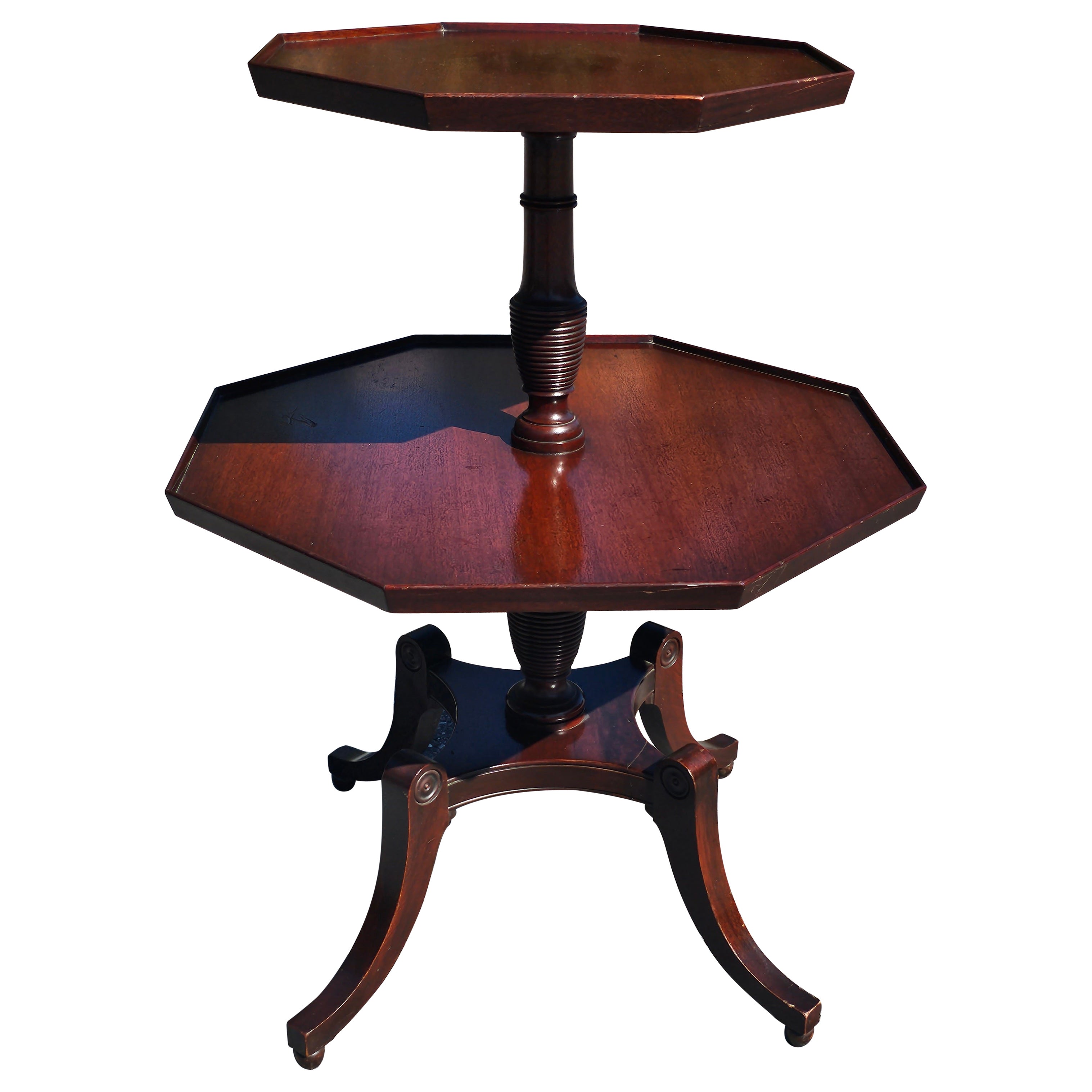 19th Century Mahogany Pedestal Two-Tier Octogonal Dumbwaiter Table For Sale