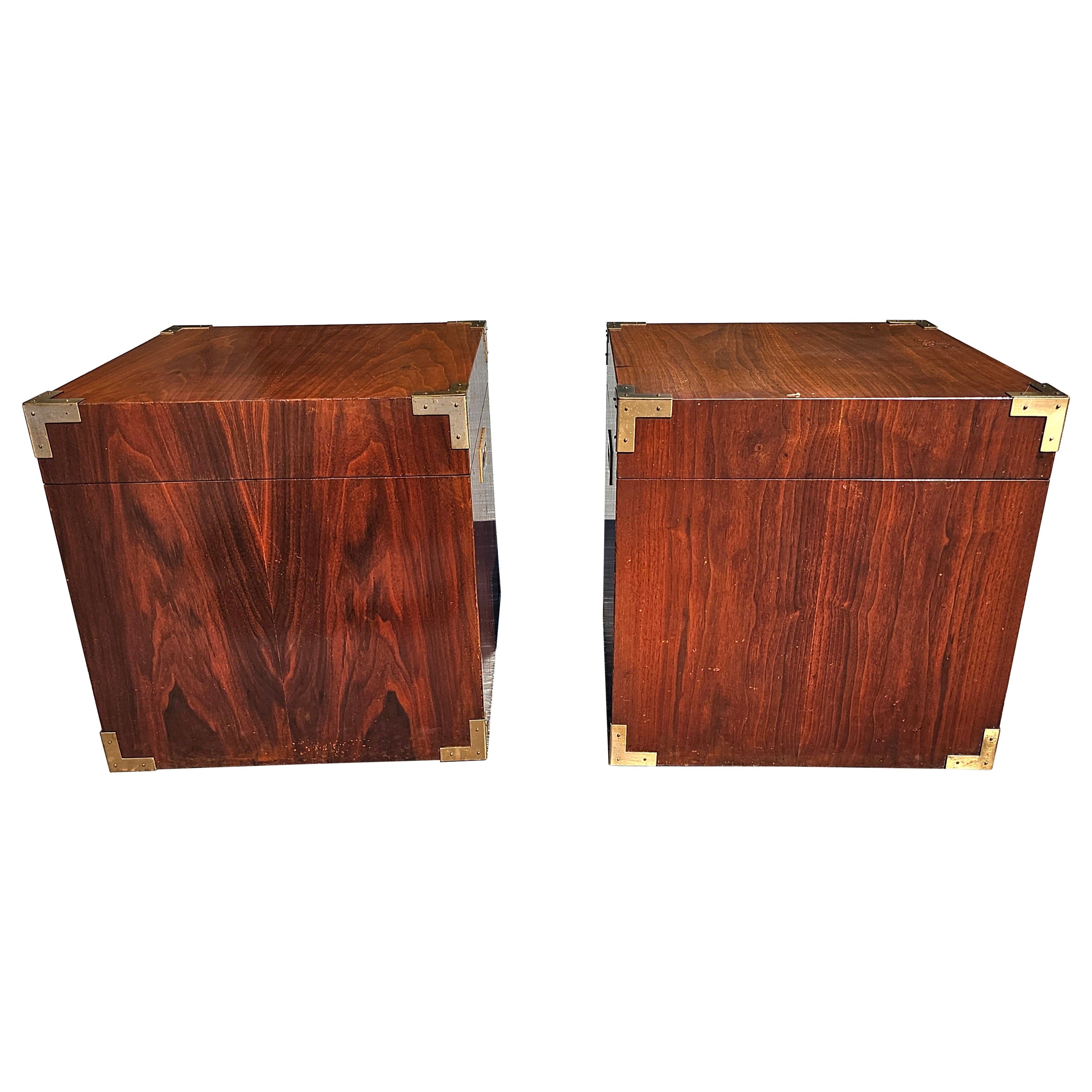 Pair of Mid Century Teak Campaign Style Cubical Side Tables Chests For Sale