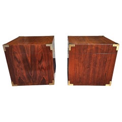 Vintage Pair of Mid Century Teak Campaign Style Cubical Side Tables Chests
