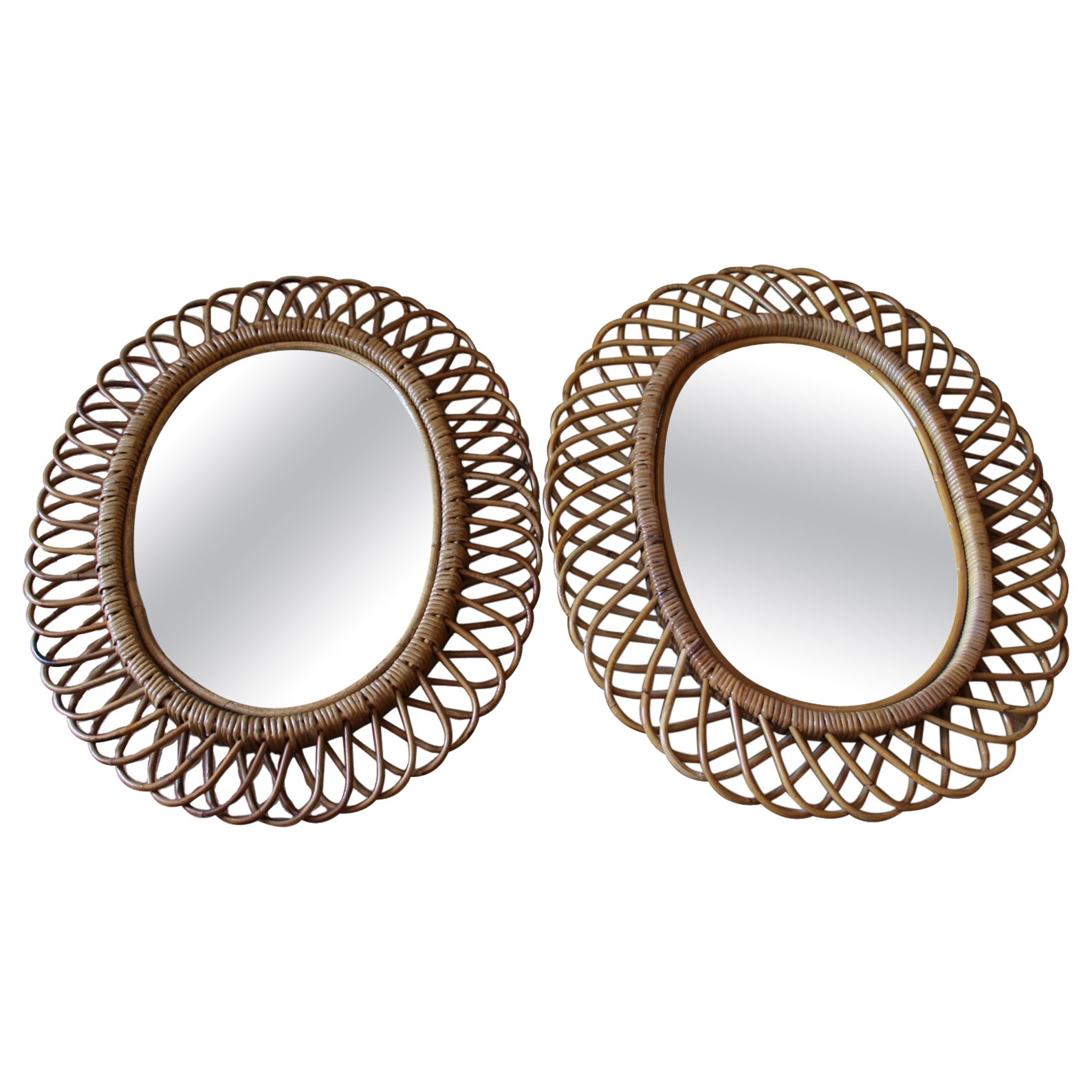 Pair of Vintage 1960s Rattan and Bamboo Round Wall Mirror by Franco Albini For Sale