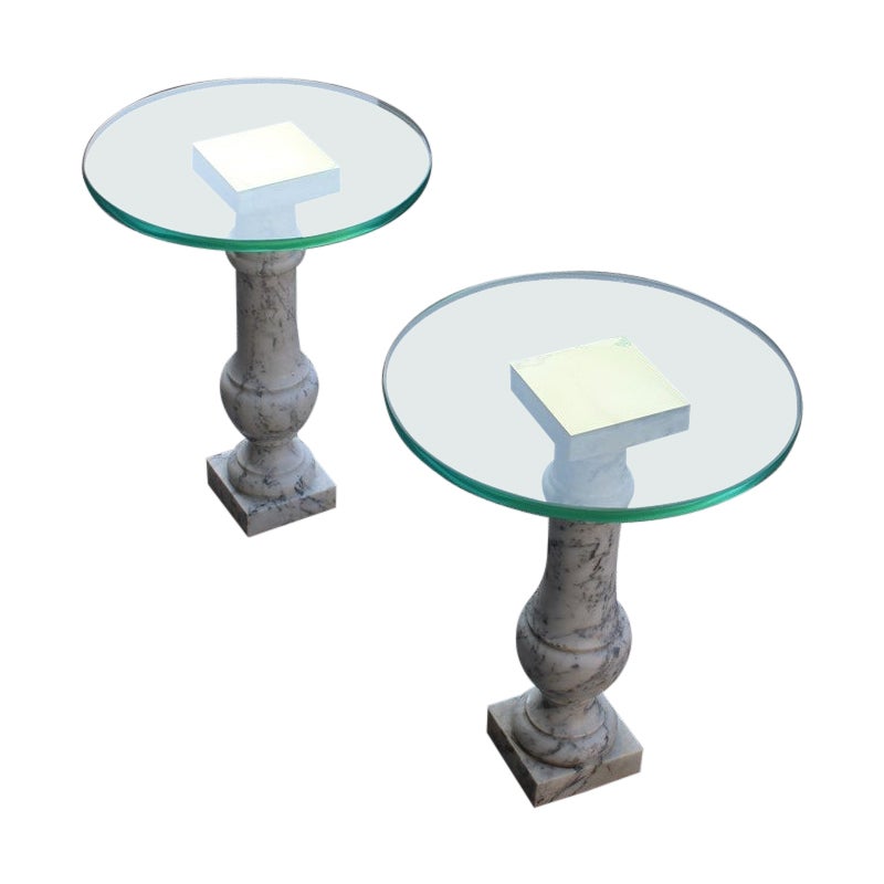 Pair Italian Table Coffee Night stands Carrara Marble Brass and Glass 1970 For Sale