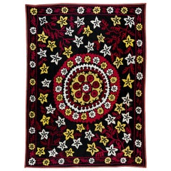 Retro 5x6.4 Ft Silk Embroidery Bed Cover, Suzani Wall Hanging, Needlework Tablecloth
