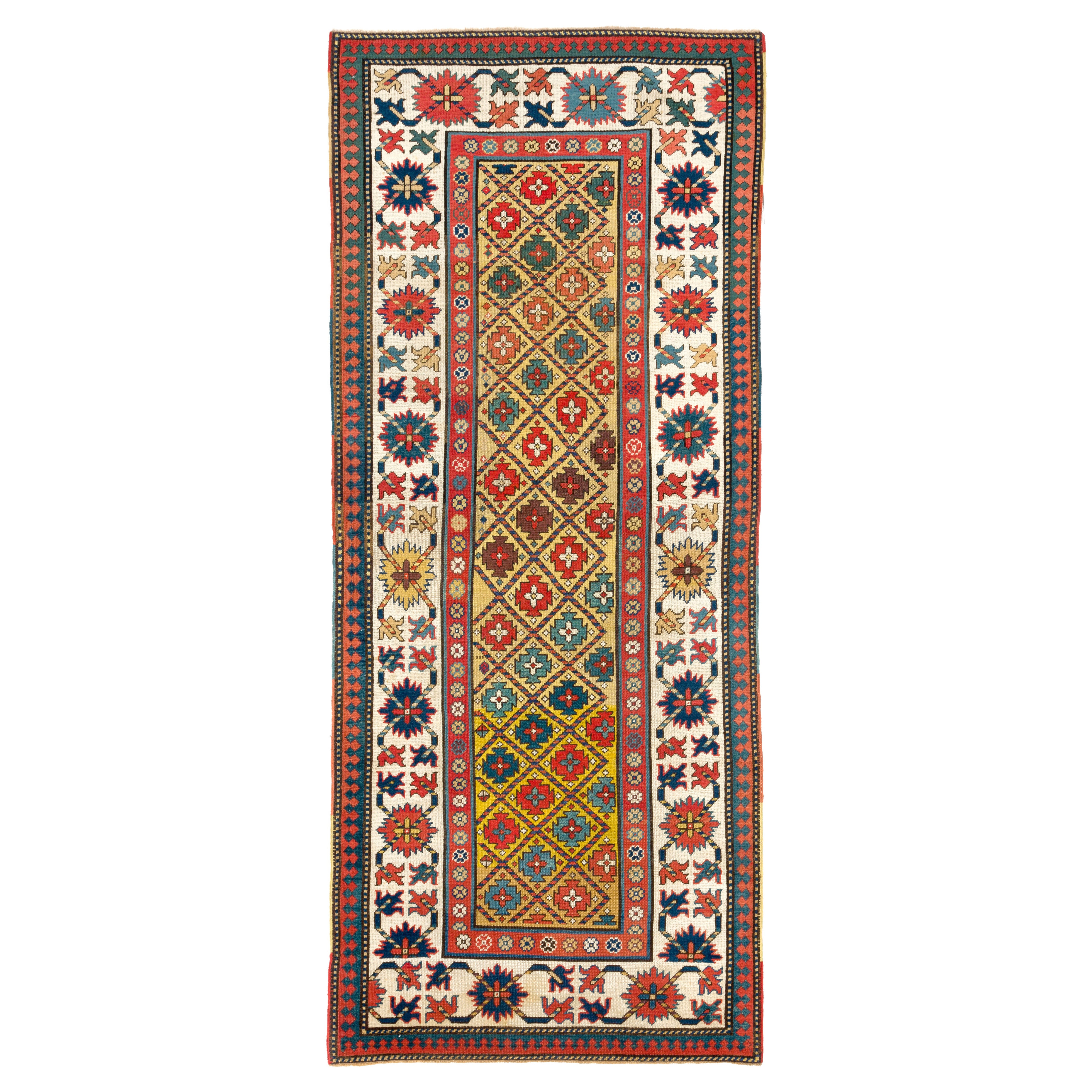 3.7x9 Ft Antiker kaukasischer Kazak-Teppich mit gelbem Grund, ca. 1880