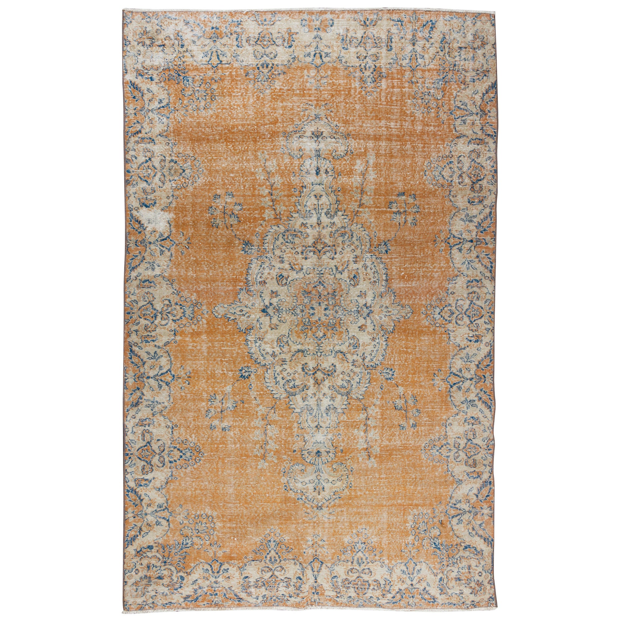 6.8x10.5 Ft Hand Knotted Vintage Turkish Rug in Orange, Navy Blue & Cream Colors For Sale