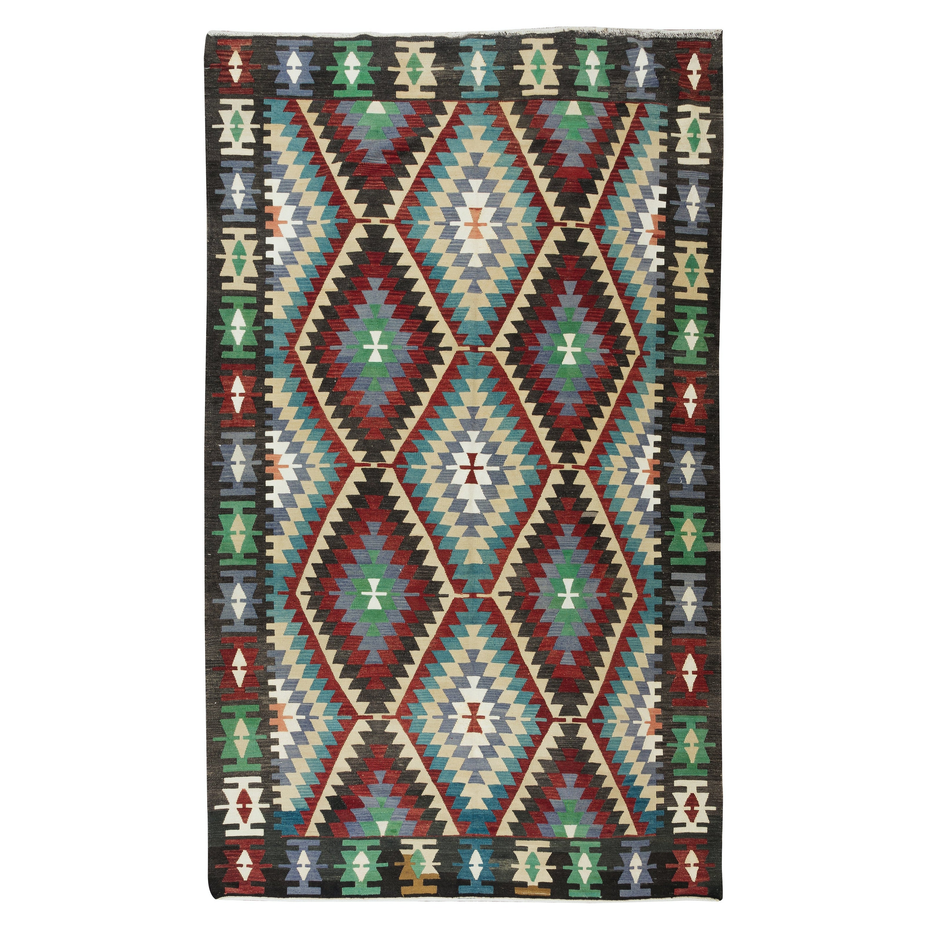 Handgewebter türkischer Kelim 'Flat-Weave' 6,5x10,5 Ft Vintage. Bunter Teppich, ganz aus Wolle
