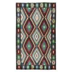 6.5x10.5 Ft Retro HandWoven Turkish Kilim 'Flat-Weave'. Colorful Rug, All Wool