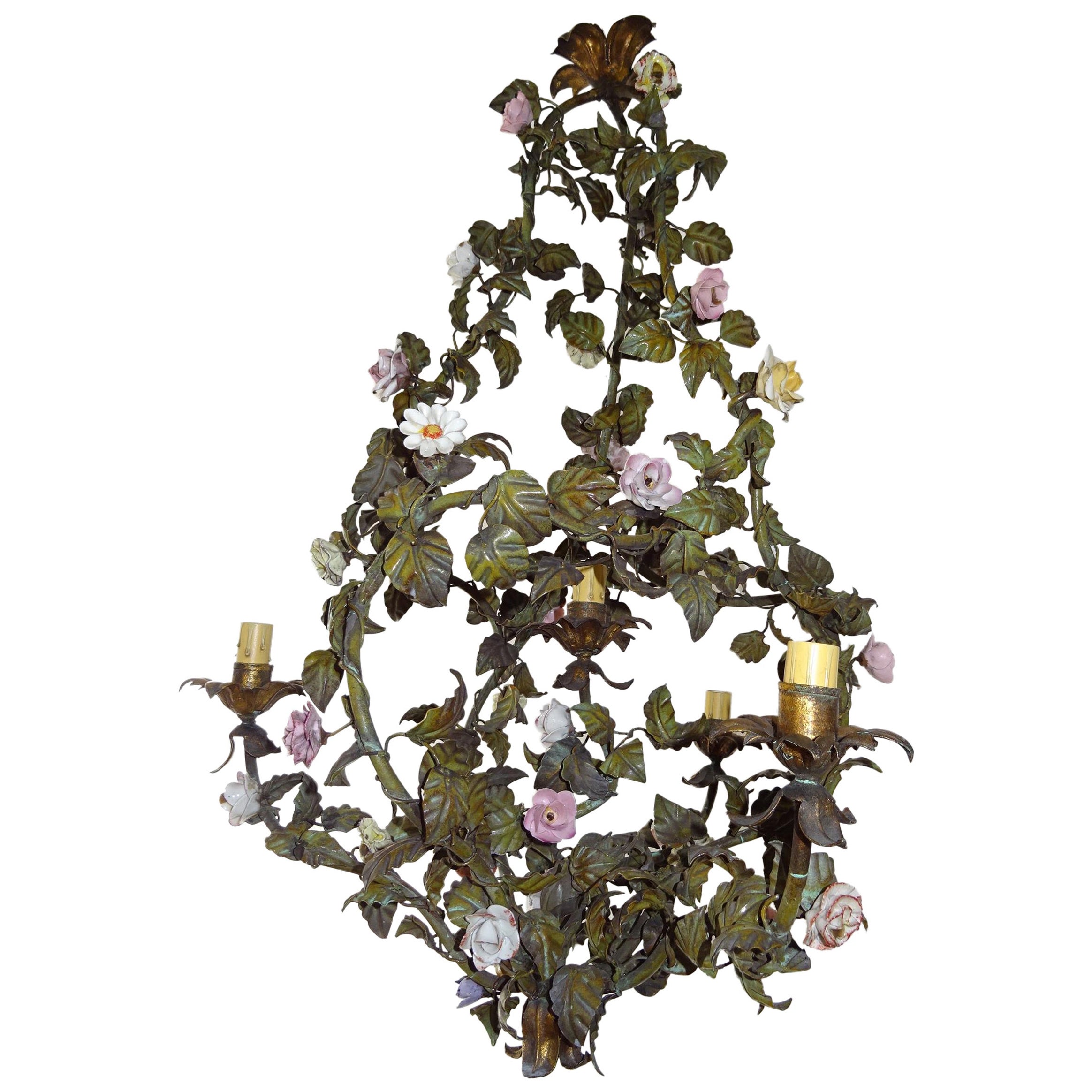 Grand lustre italien polychrome à fleurs en porcelaine de Tole, circa 1870, rare