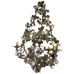 Grand lustre italien polychrome à fleurs en porcelaine de Tole, circa 1870, rare